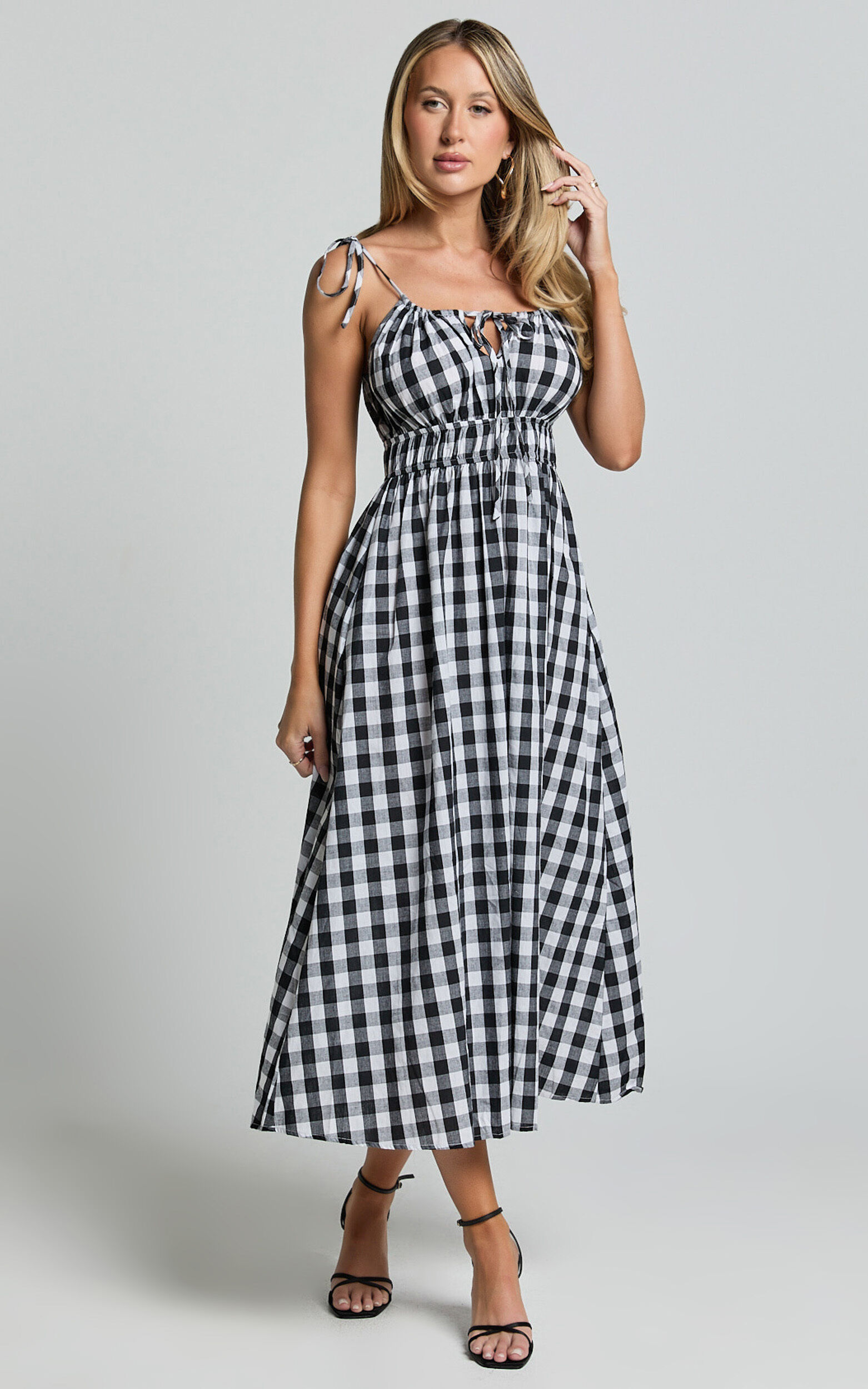 Vela Midi Dress - Strappy Tie Shoulder Elasticated Waist Dress in Black and White Gingham
