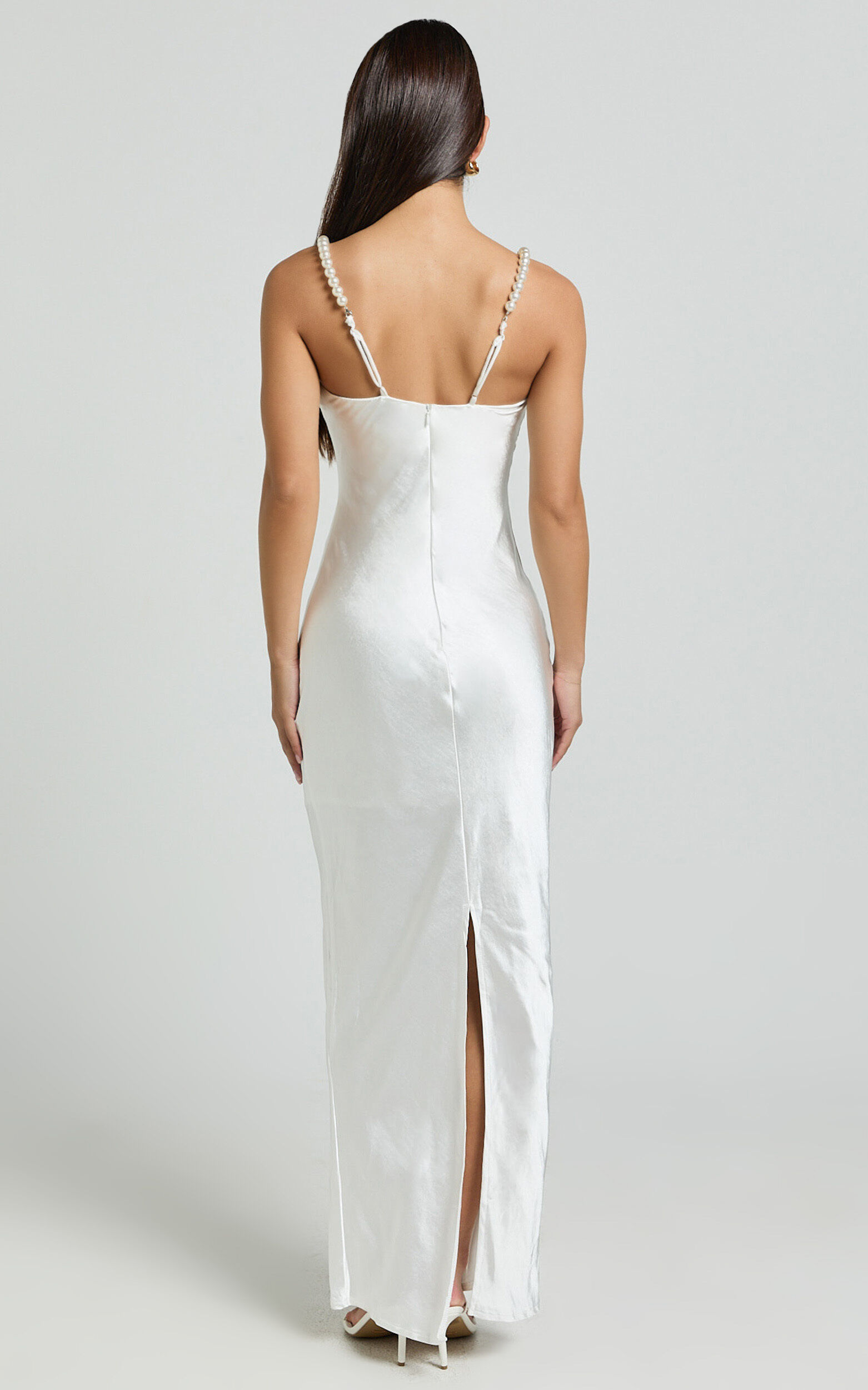 Beth Midi Dress - Pearl Detail Strap Straight Neck Slip Dress in White