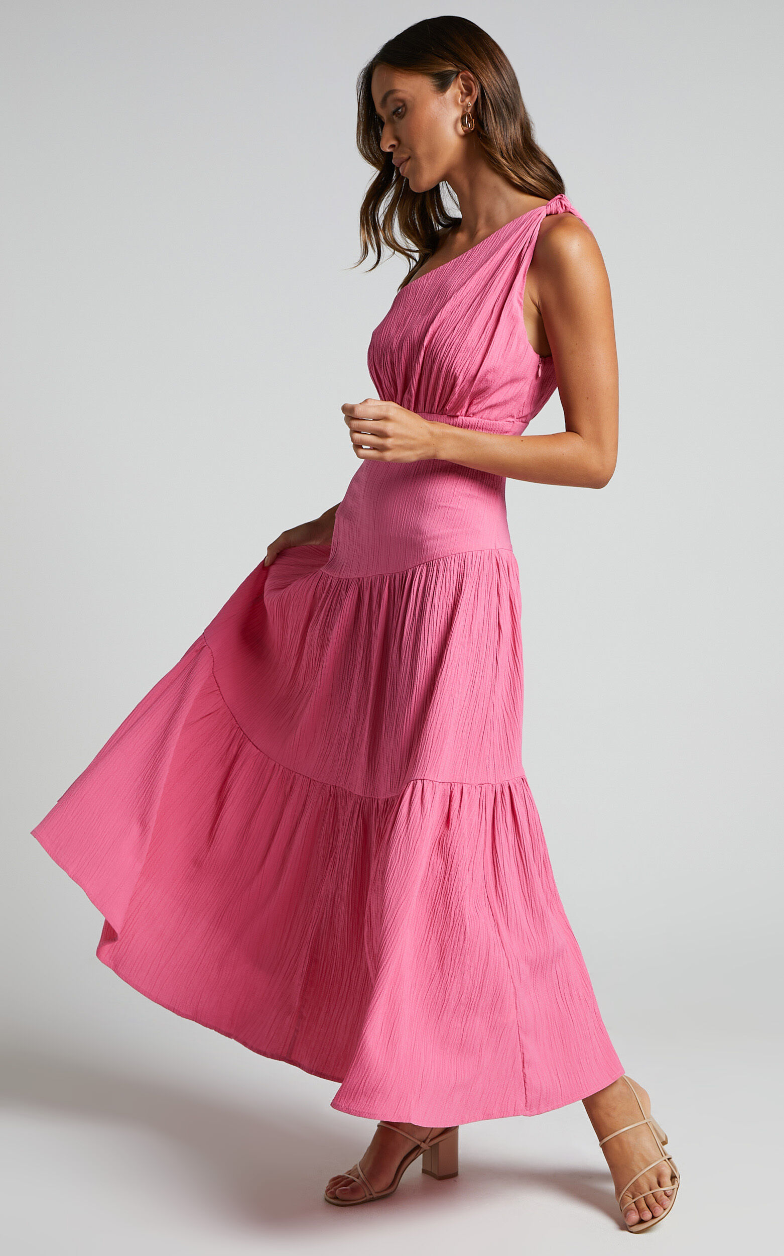 Celestia Midi Dress - Tiered One Shoulder Dress in Bright Pink