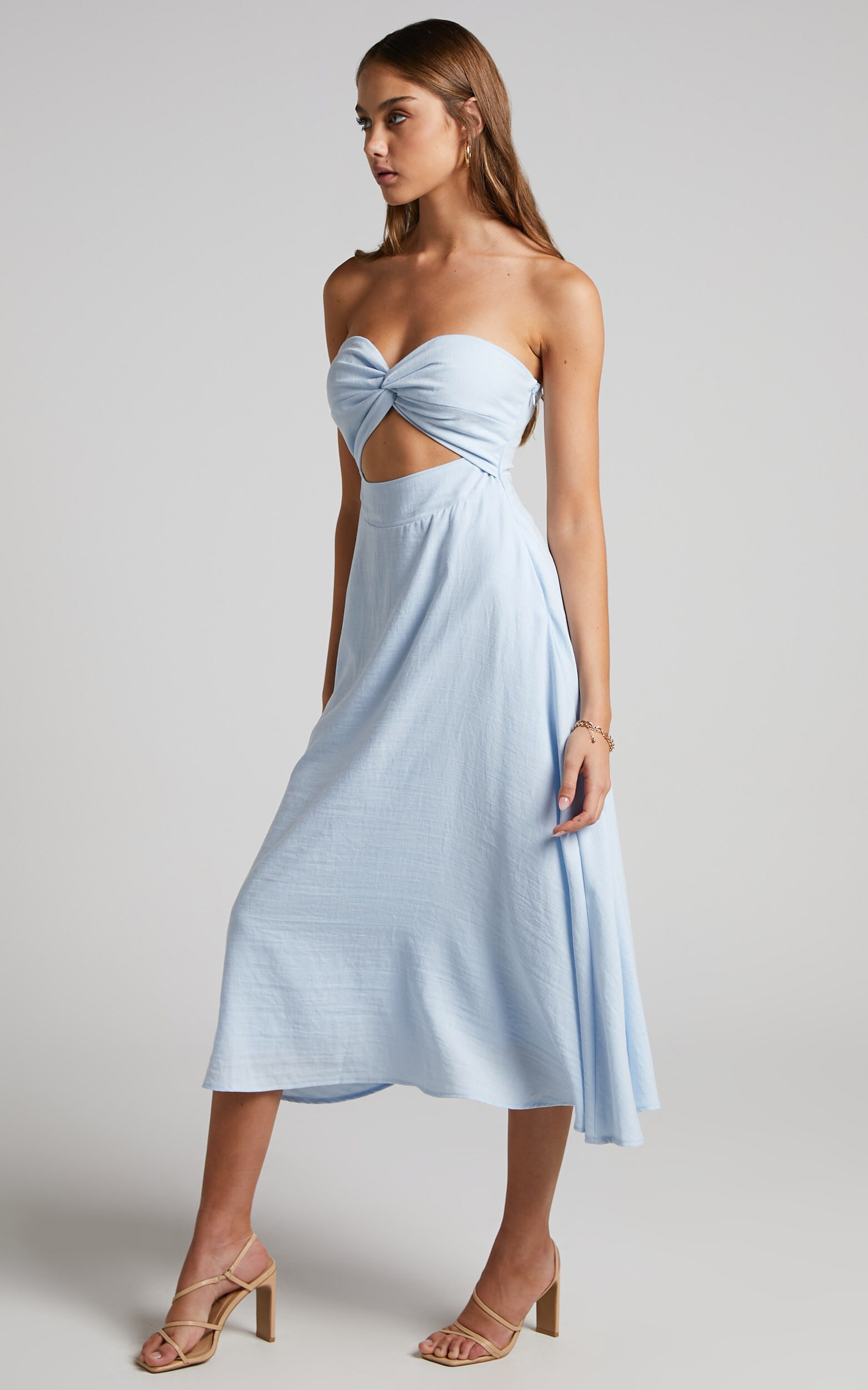Avie Midi Dress - Twist Strapless Cocktail Dress in Ice Blue