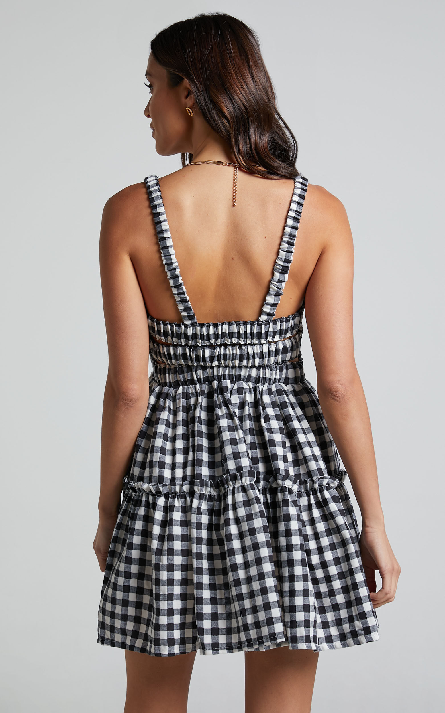 Wilda Mini Dress - Shirred Tiered Dress in Black and White Check