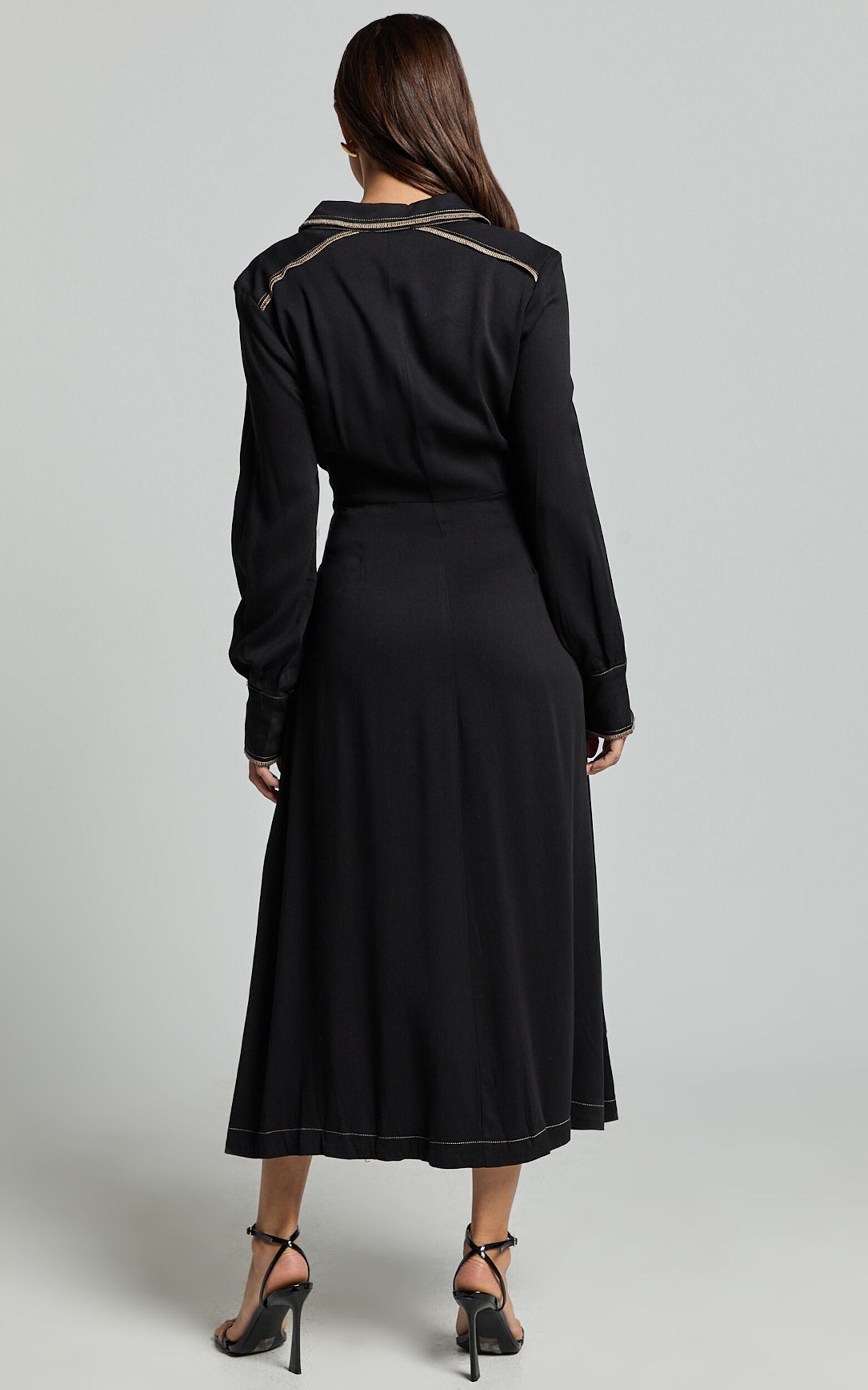 Ally Midi Dress - Collared Button Through Long Sleeve Tie Dress in Black