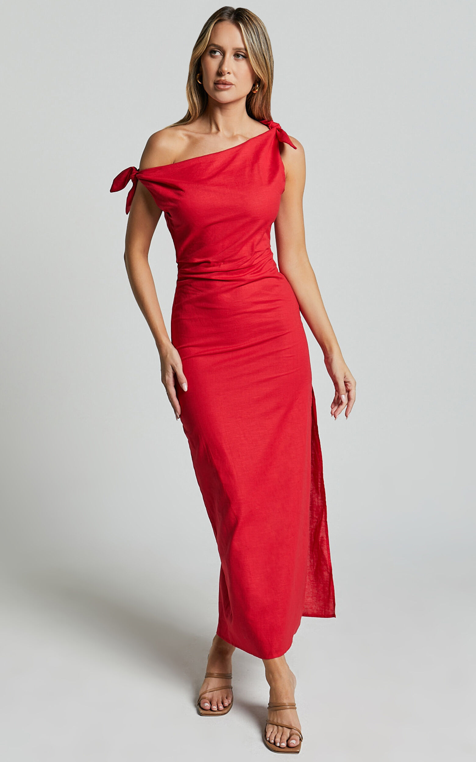 Cincinnati Midi Dress - Off The Shoulder Side Split Column Linen Dress in Red