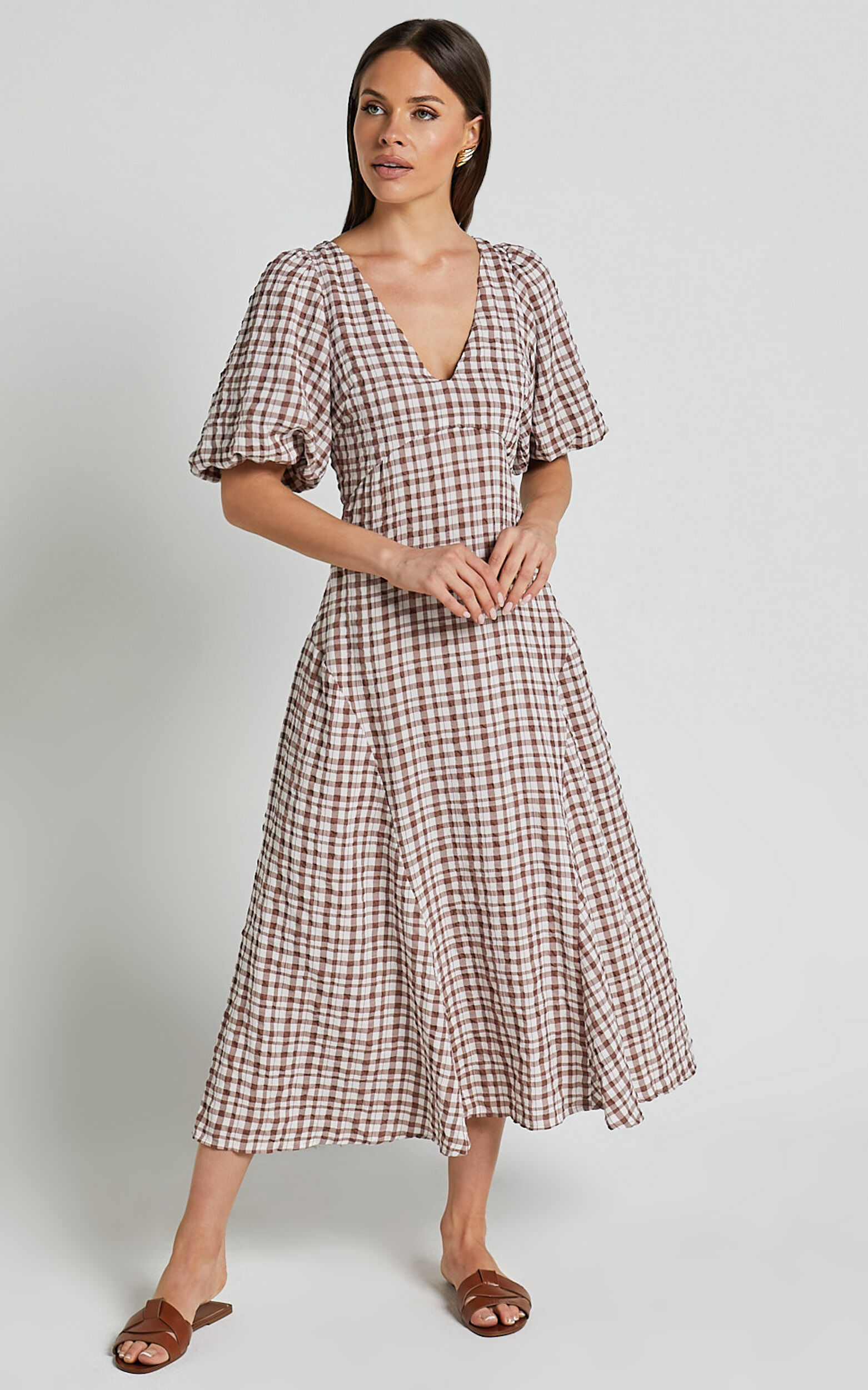 Jameela Midi Dress - V Neck Short Puff Sleeve Godet A Line Smock Dress in Chocolate Gingham