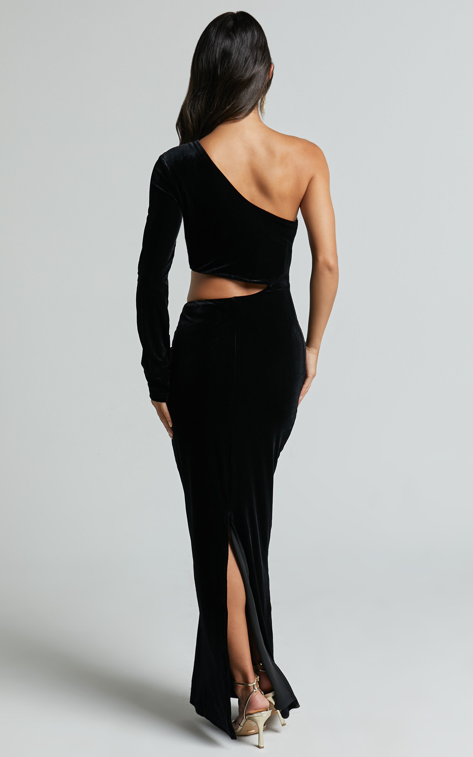 Gabbie Maxi Dress - Velvet One Shoulder Cut Out Dress in Black