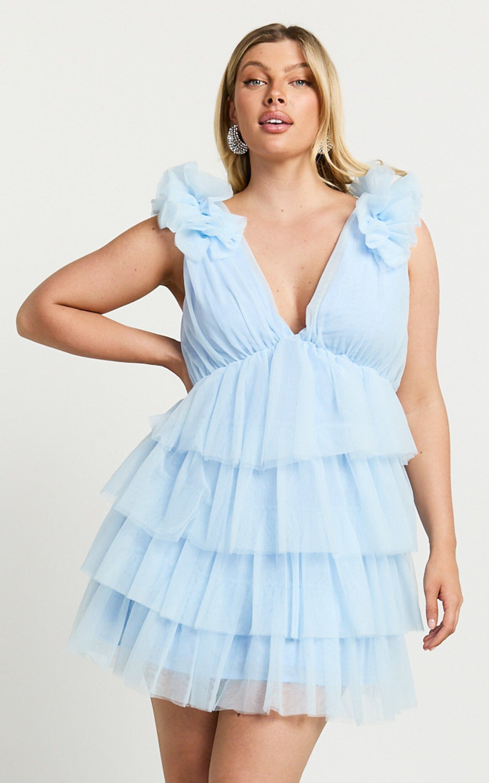 Hayden Mini Dress - Low Back Tulle Tiered Dress in Light Blue
