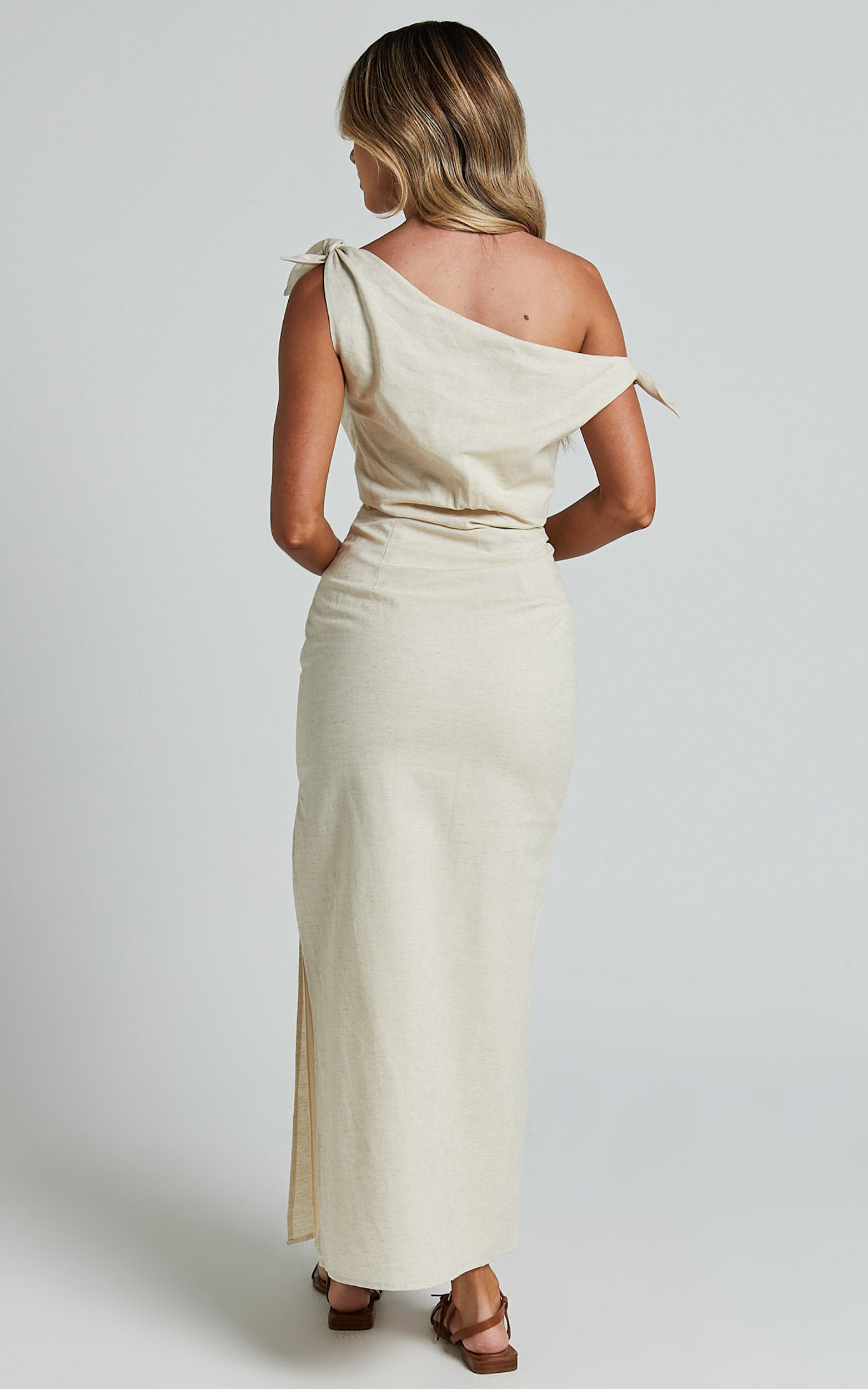 Cincinnati Midi Dress - Off The Shoulder Side Split Column Linen Dress in Beige