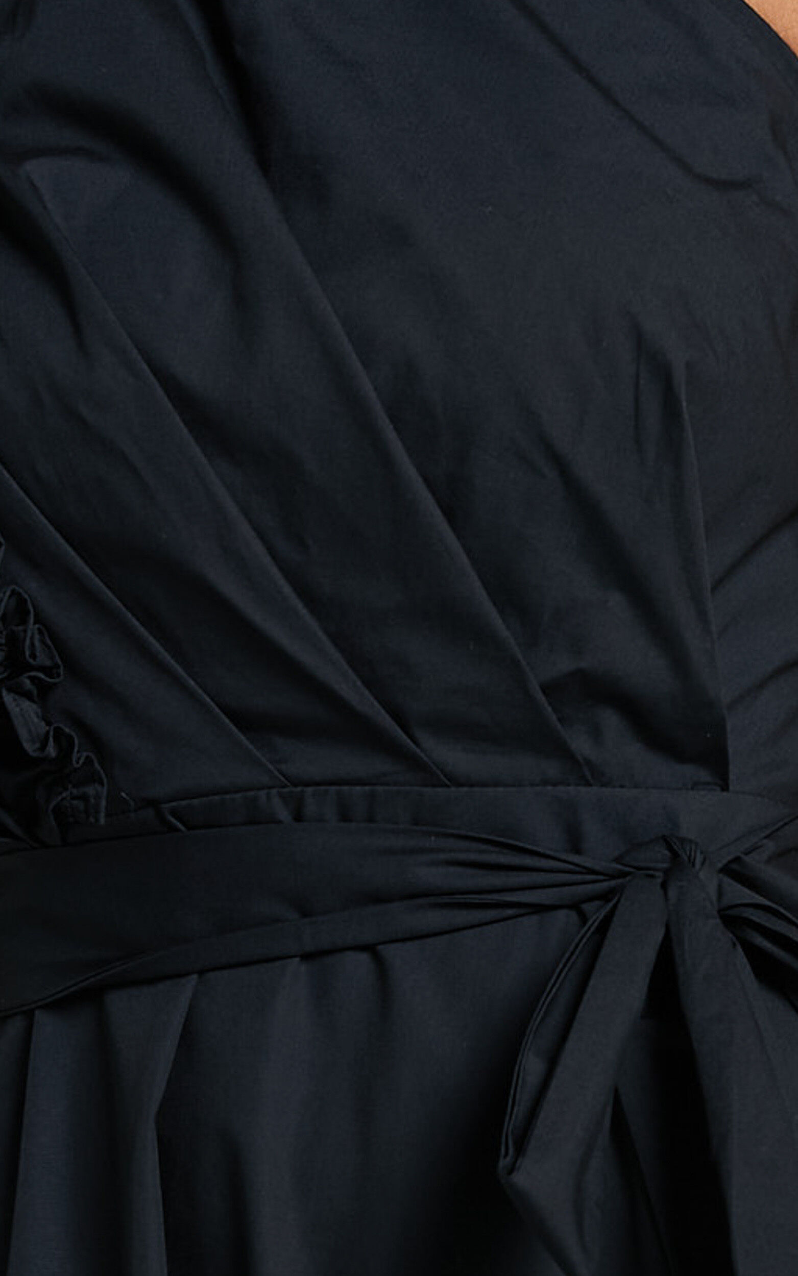 Almeida Midi Dress - One Shoulder Ruffle Detail Belted Dress in Black