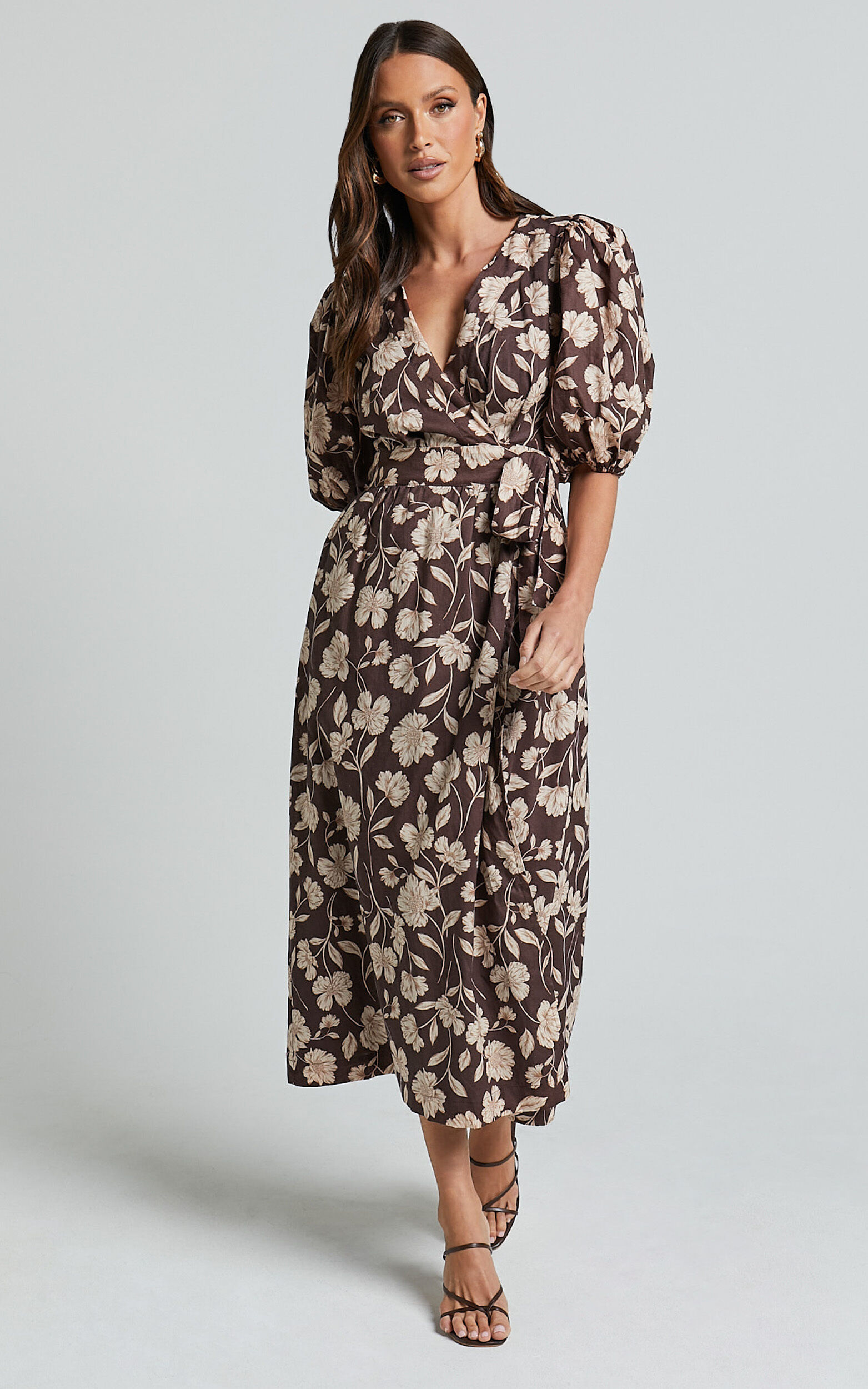 Amalie The Label - Francie Linen Blend Puff Sleeve Wrap Midi Dress in Sahara Print