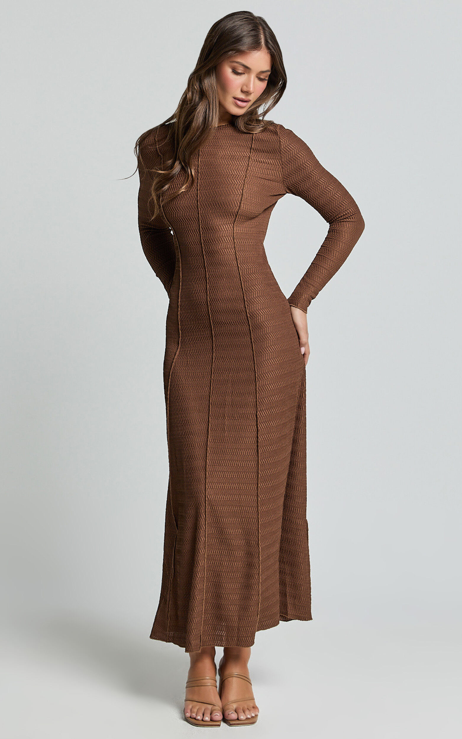 Valencia Maxi Dress - Long Sleeve A Line Dress in Chocolate