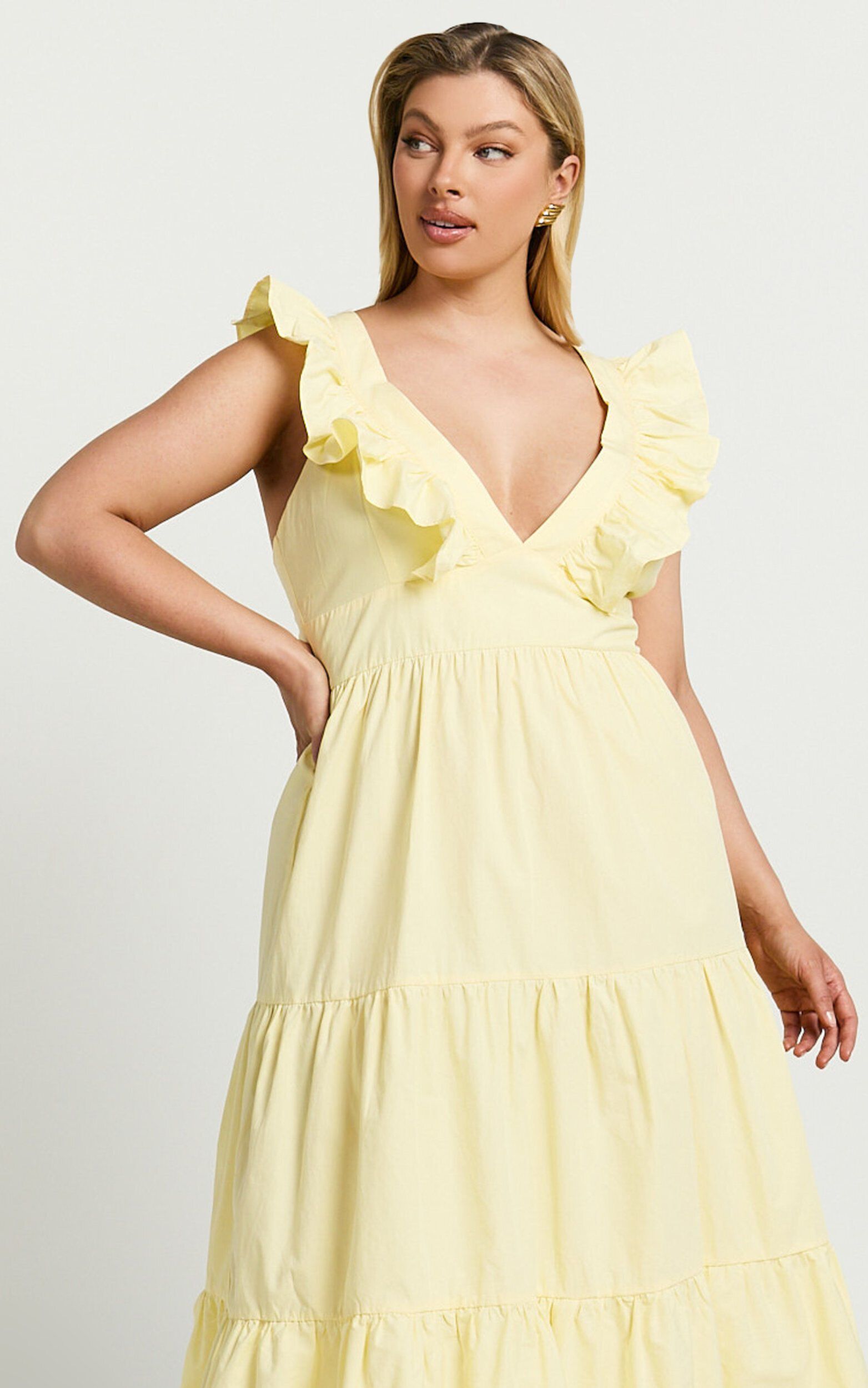 Levona Midi Dress - Ruffle Shoulder Tiered Dress in Lemon