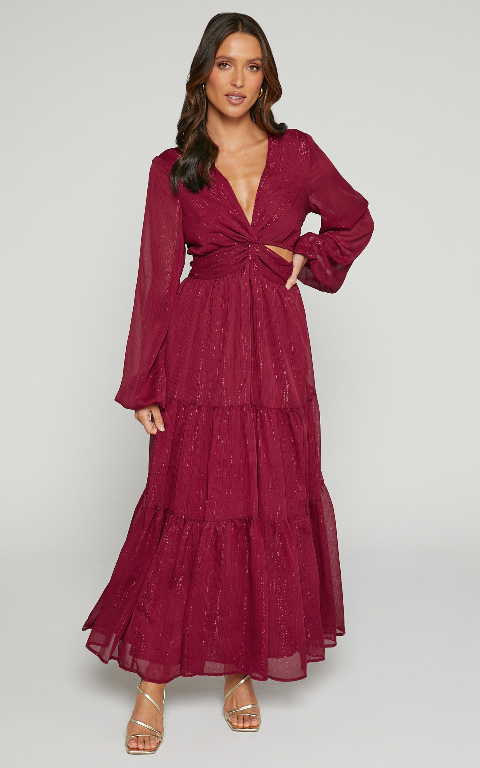 Edelyn Midi Dress - Cut Out Balloon Sleeve Tiered Dress in Burgundy