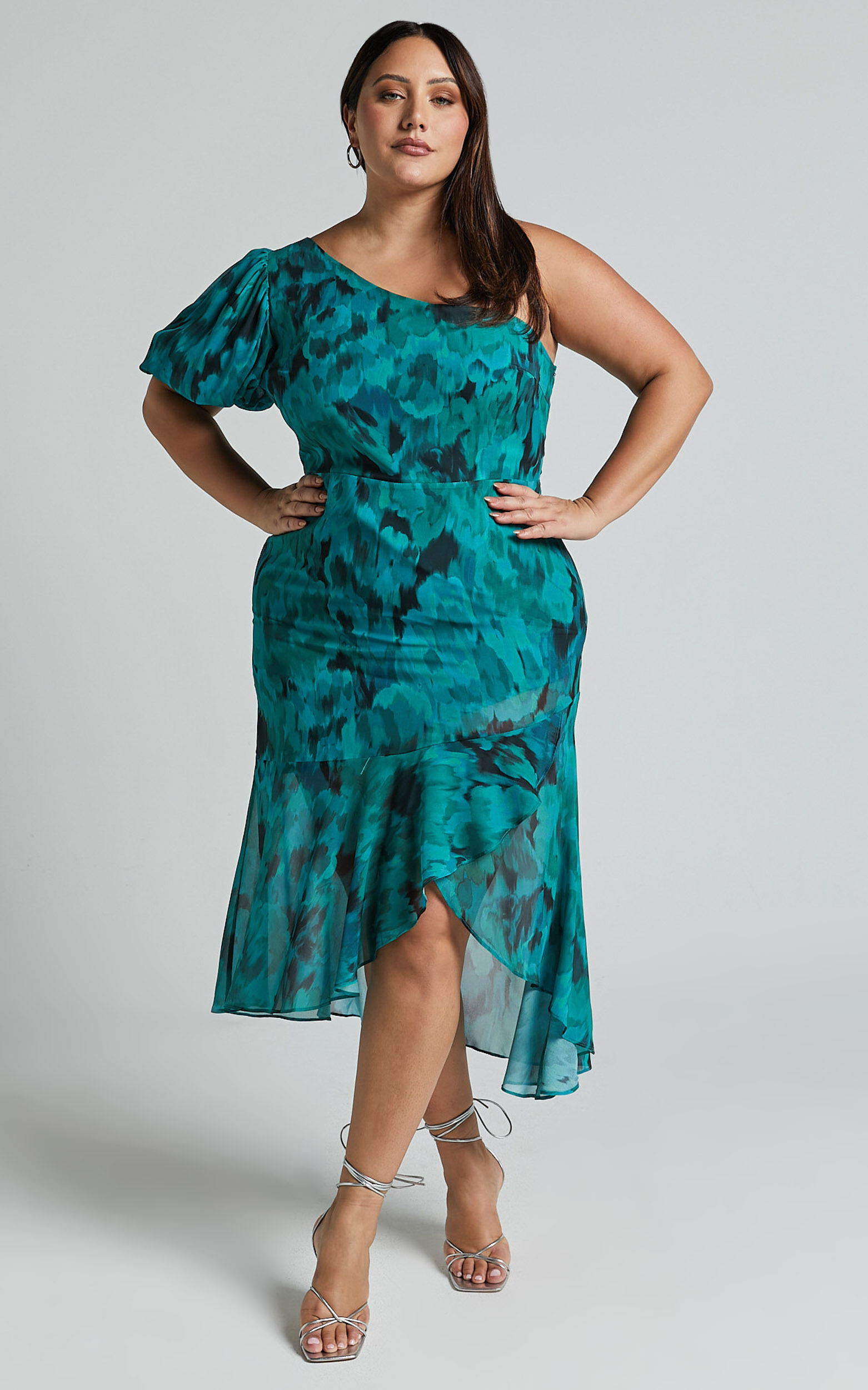 Clabelle Midi Dress - One Shoulder Ruffle Tulip Hem Dress in Emerald Blur Floral