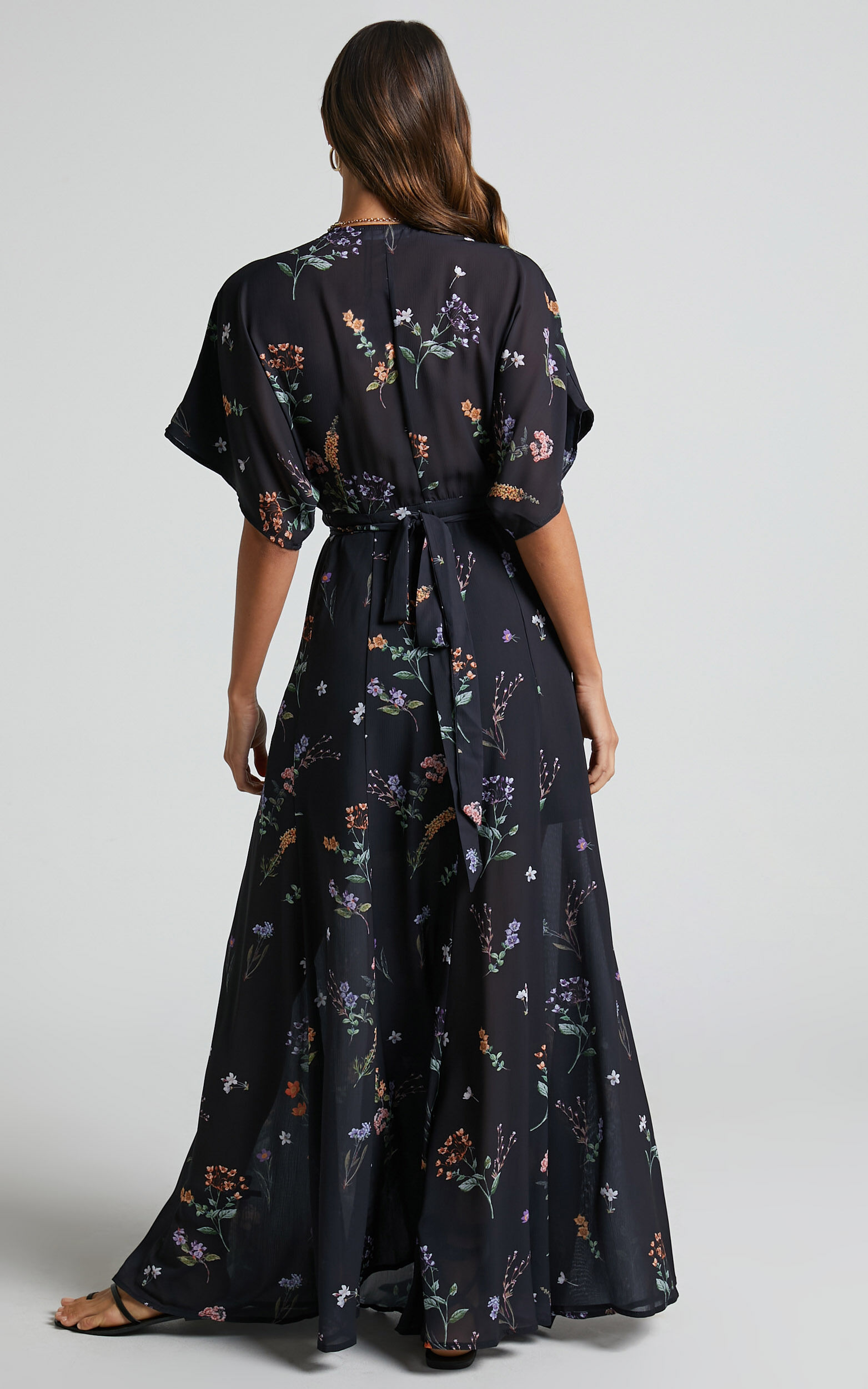 Erenza Maxi Dress - Extended Sleeve Wrap Dress in Black Flower Field