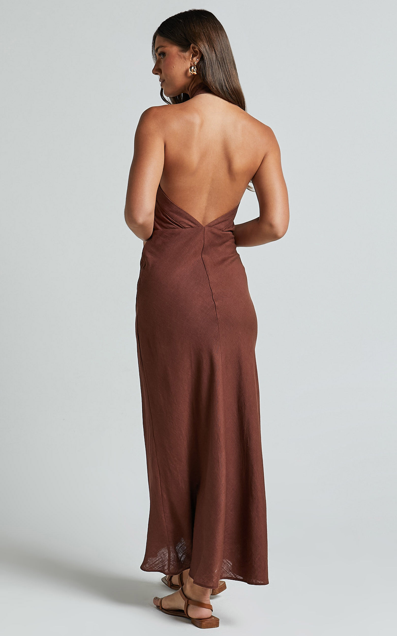 Maelynn Midi Dress - Linen Twist Halter Neck Low Back Slip Dress in Chocolate
