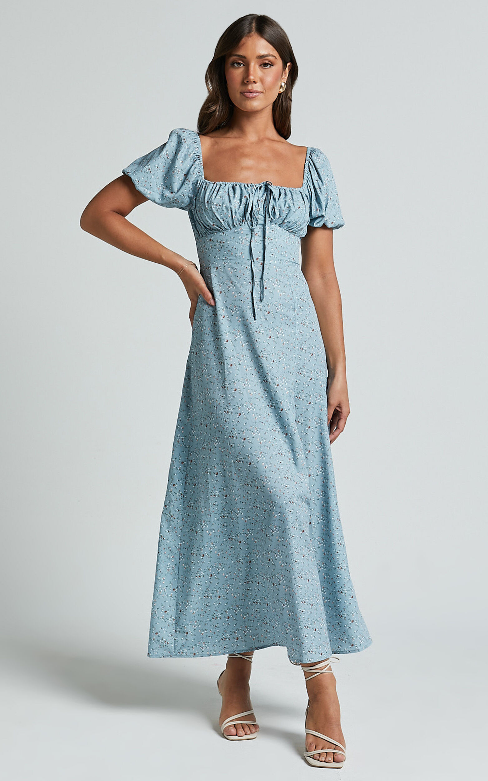 Zenny Midi Dress - Ruched Bust Floral Dress in Light Blue