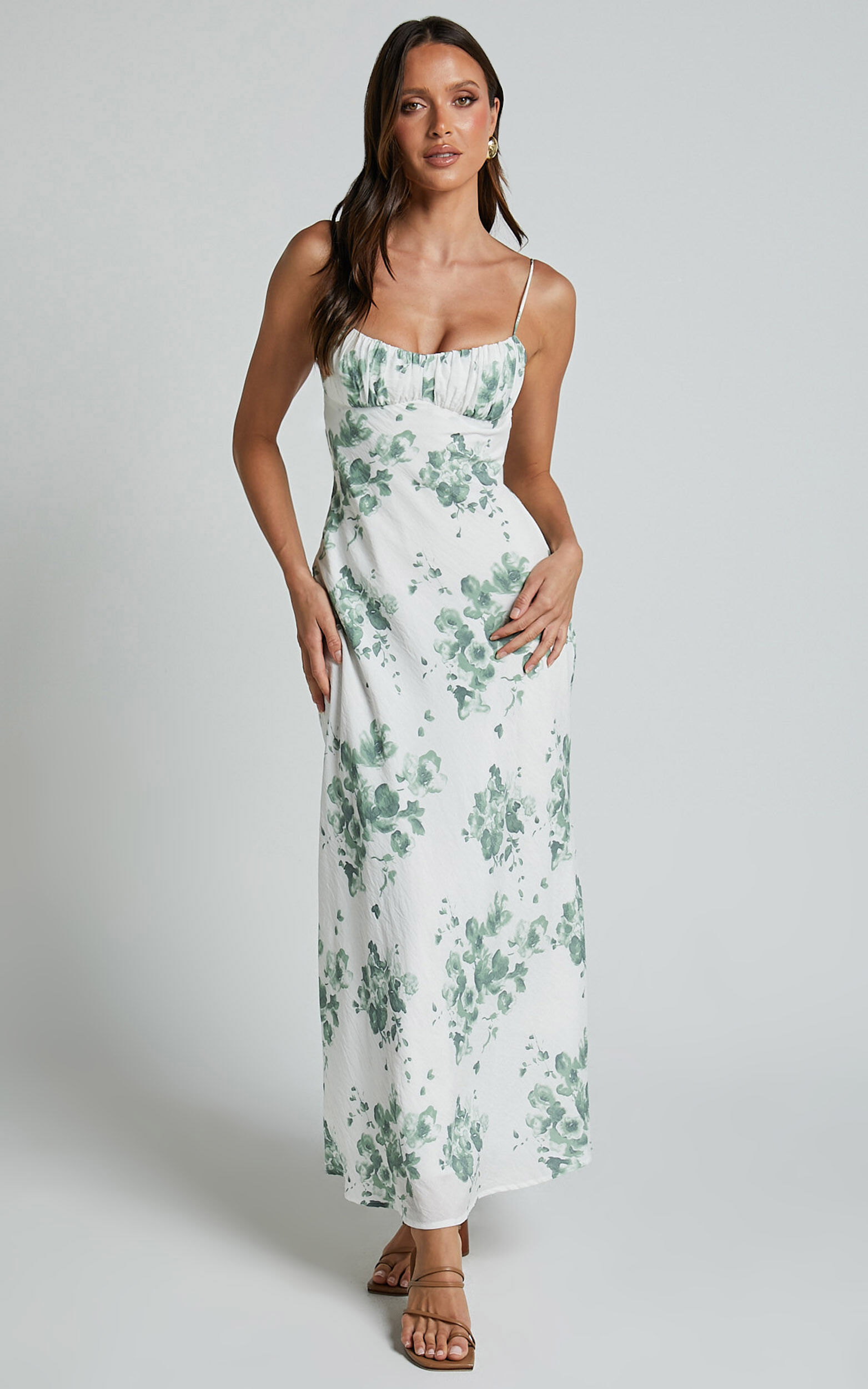 Bettina Midi Dress - Strappy Ruched Bust Slip Dress in Green and White Print