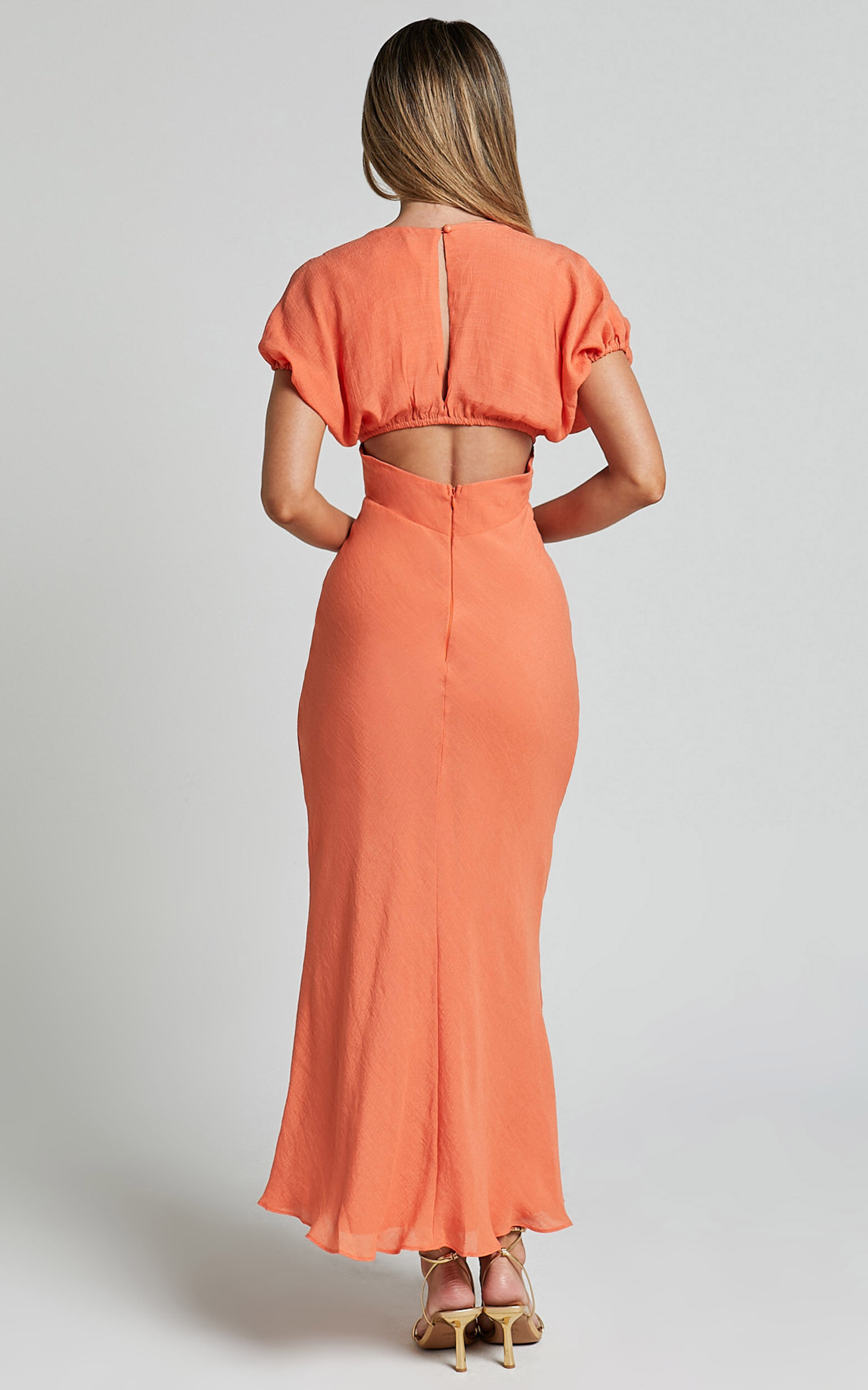 Desiree Midi Dress - V Neck Flutter Short Sleeve Slip Dress in Orange