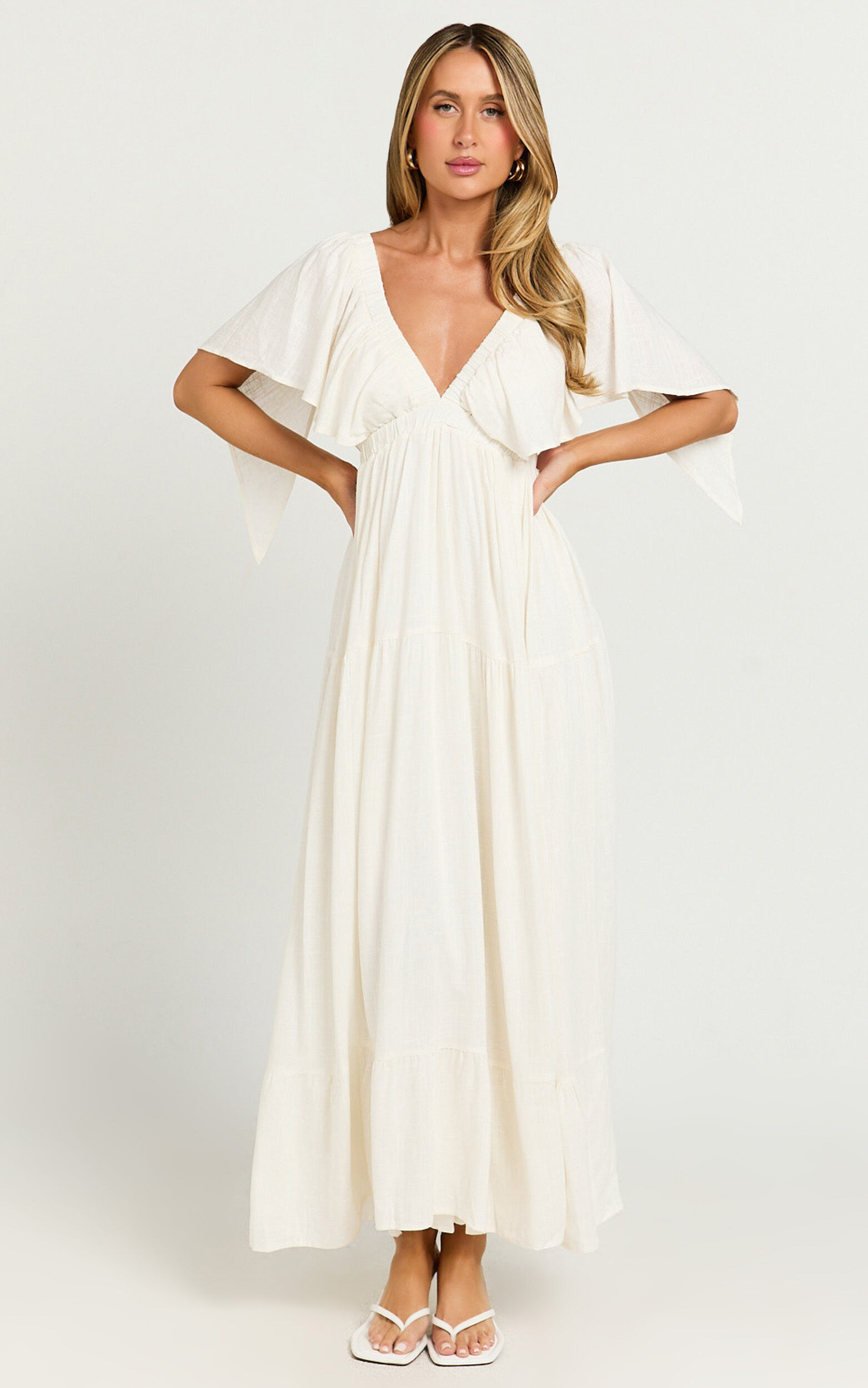 Lyrad Midi Dress - Linen Empire Waist Textured Dress in White
