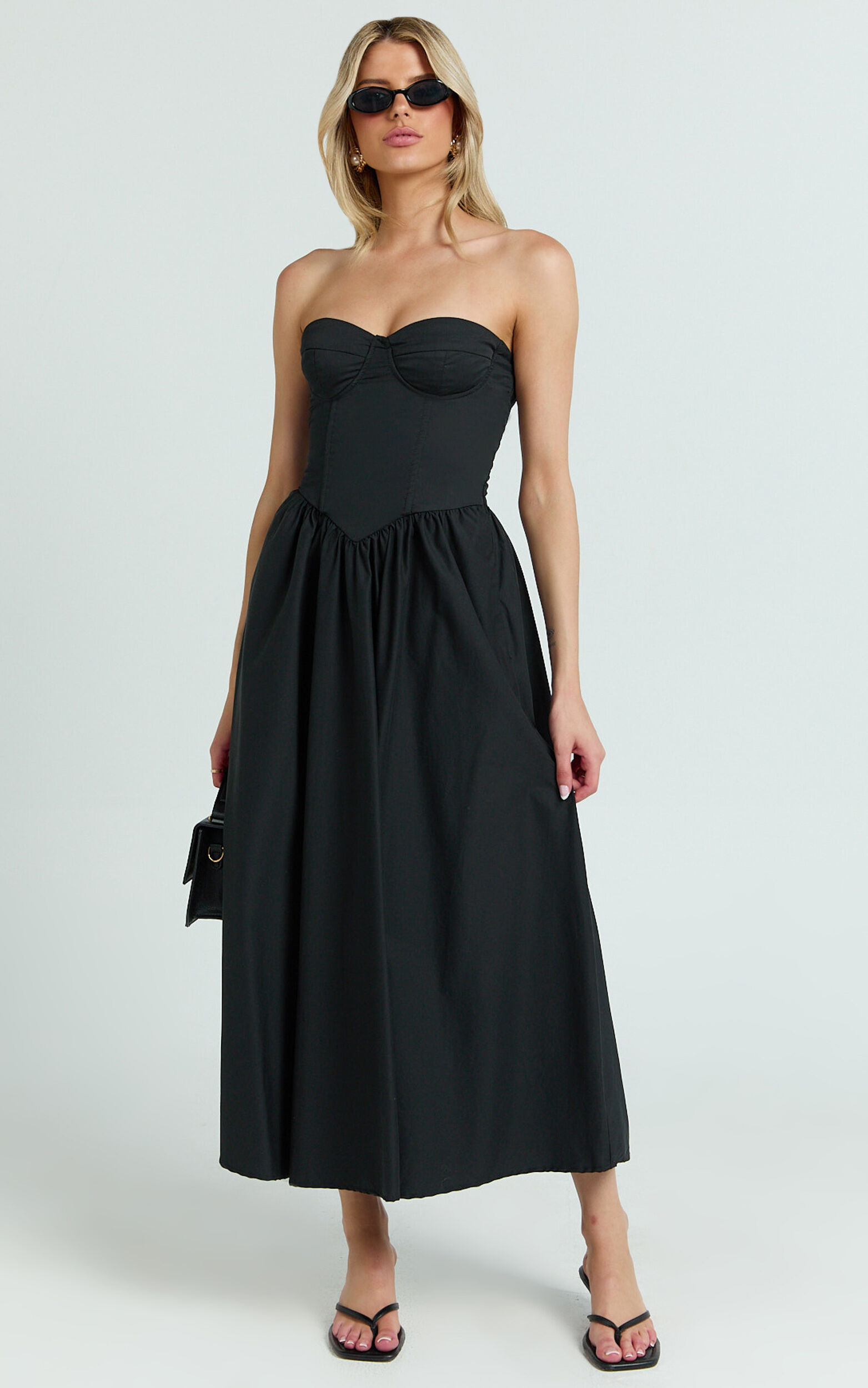 Daria Midi Dress - Strapless Corset Gathered Dress in Black