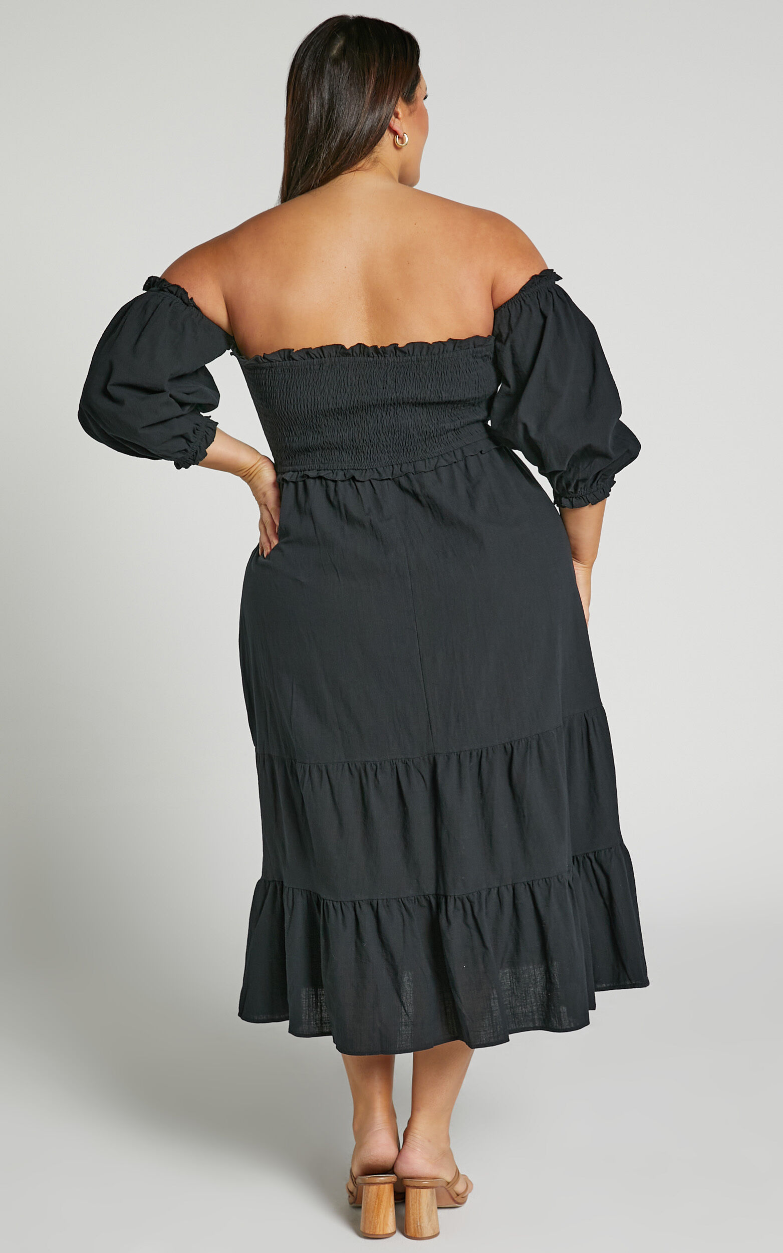 Nikka Midi Linen Dress - Shirred Off Shoulder Puff Sleeve Dress in Black