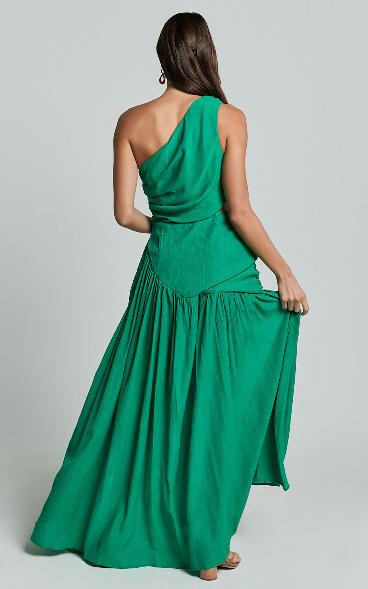 Darcy Maxi Dress - One Shoulder Side Cut Out Gathered Dress in Green