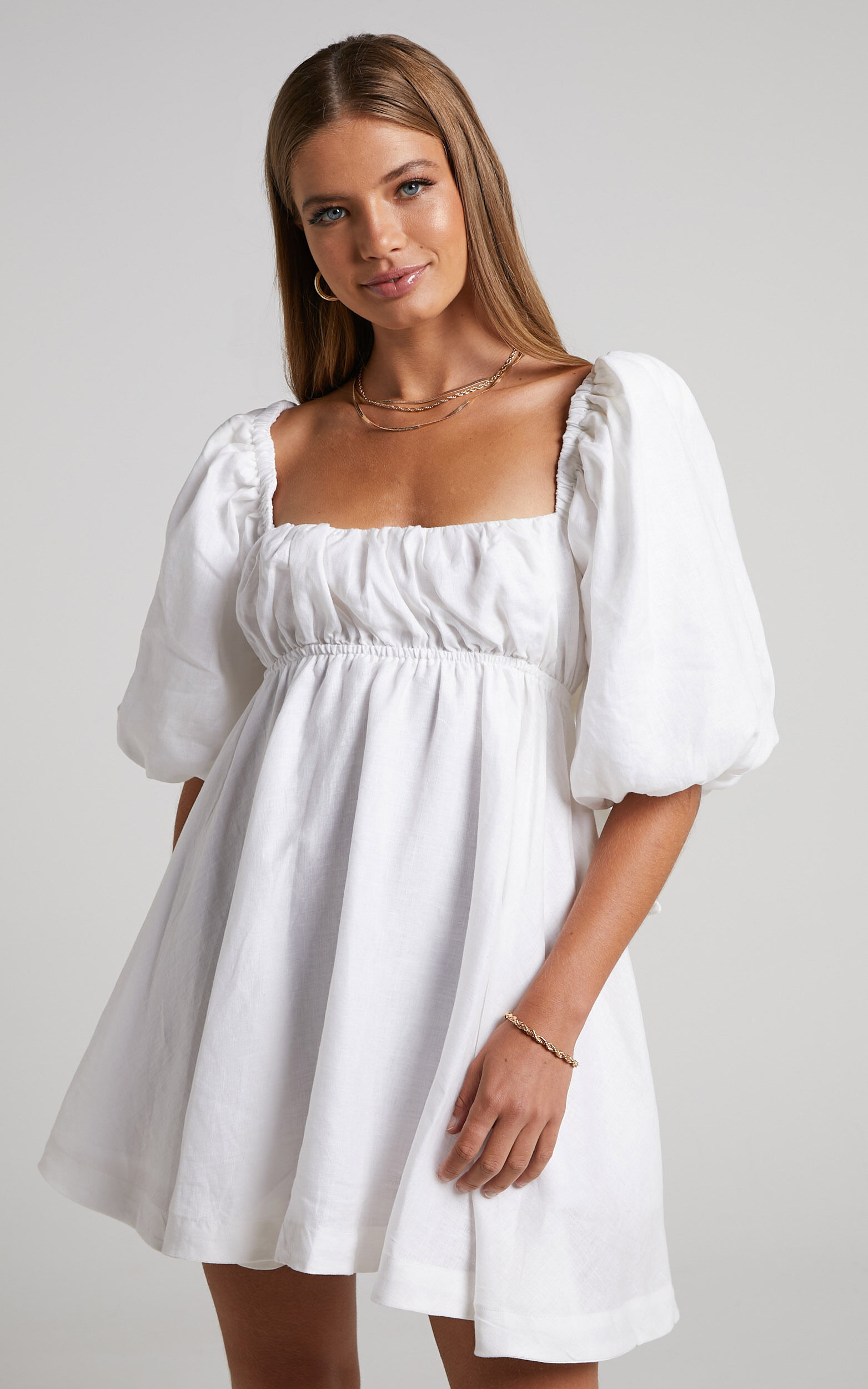 Amalie The Label - Hamyya Linen Tie Back Puff Sleeve Mini Linen Dress in White