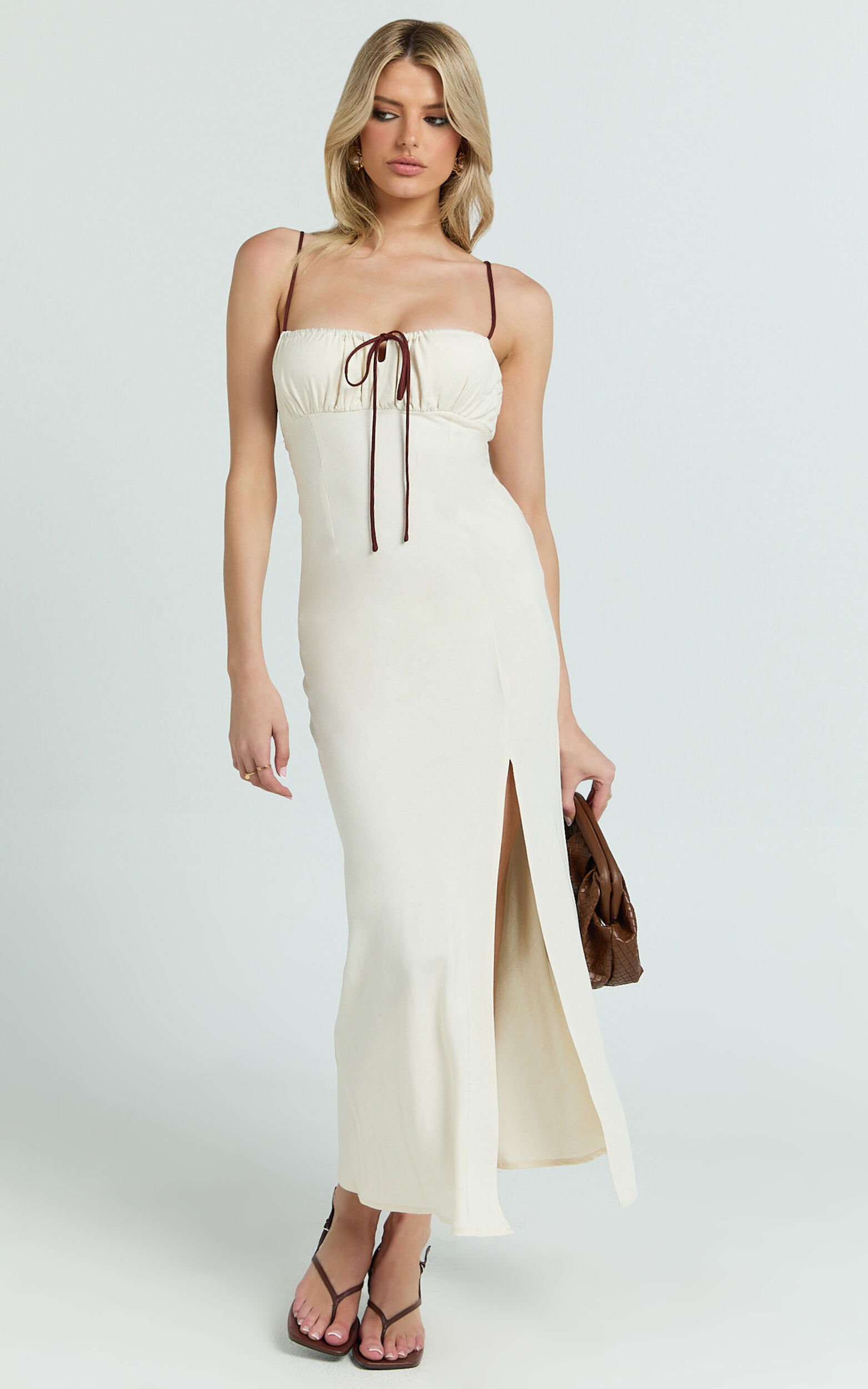 Gwen Midi Linen Dress - Strapped Ruched Bodice Bias Dress in Cream