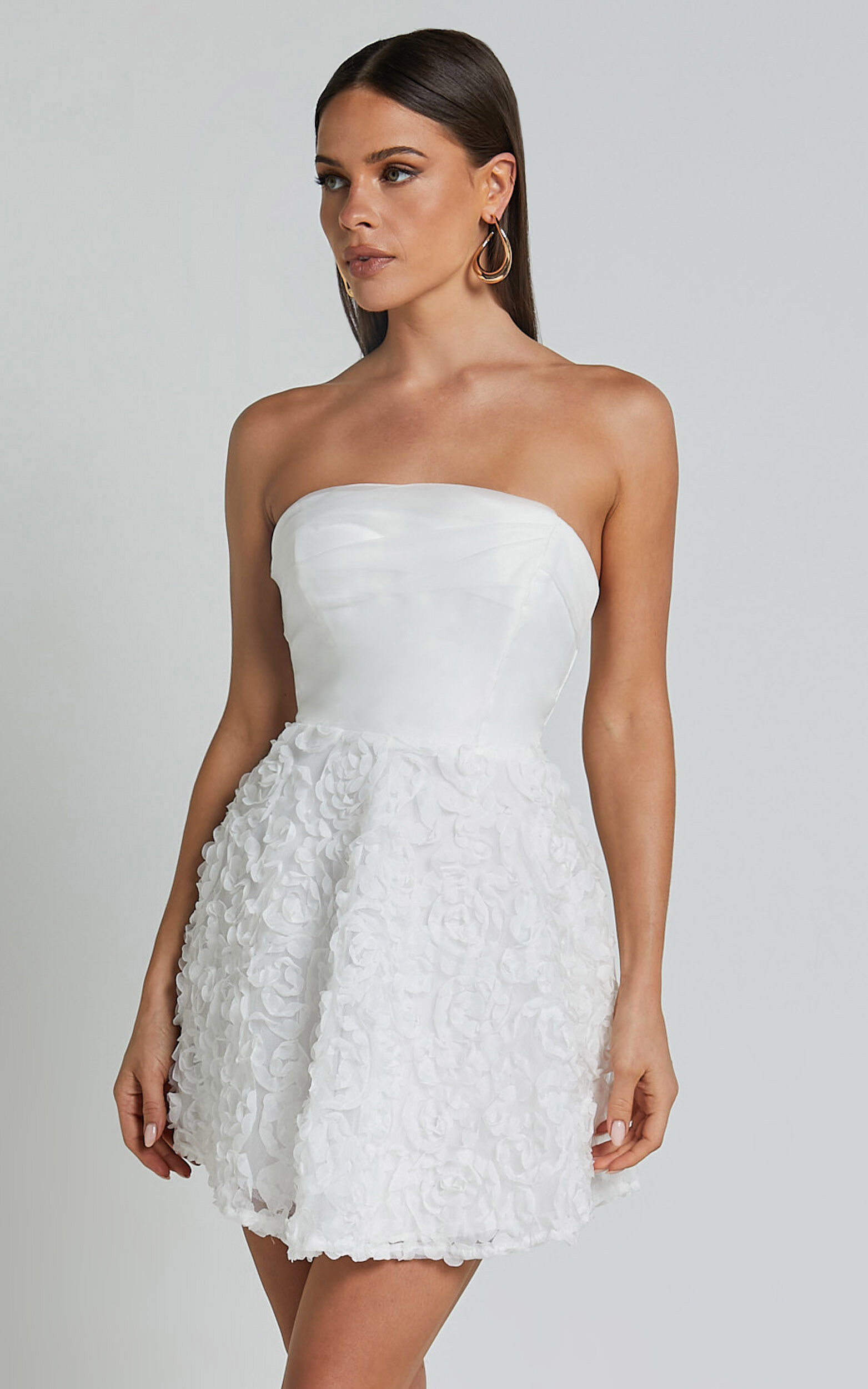 Violeta Mini Dress - Strapless 3d Floral Dress in White