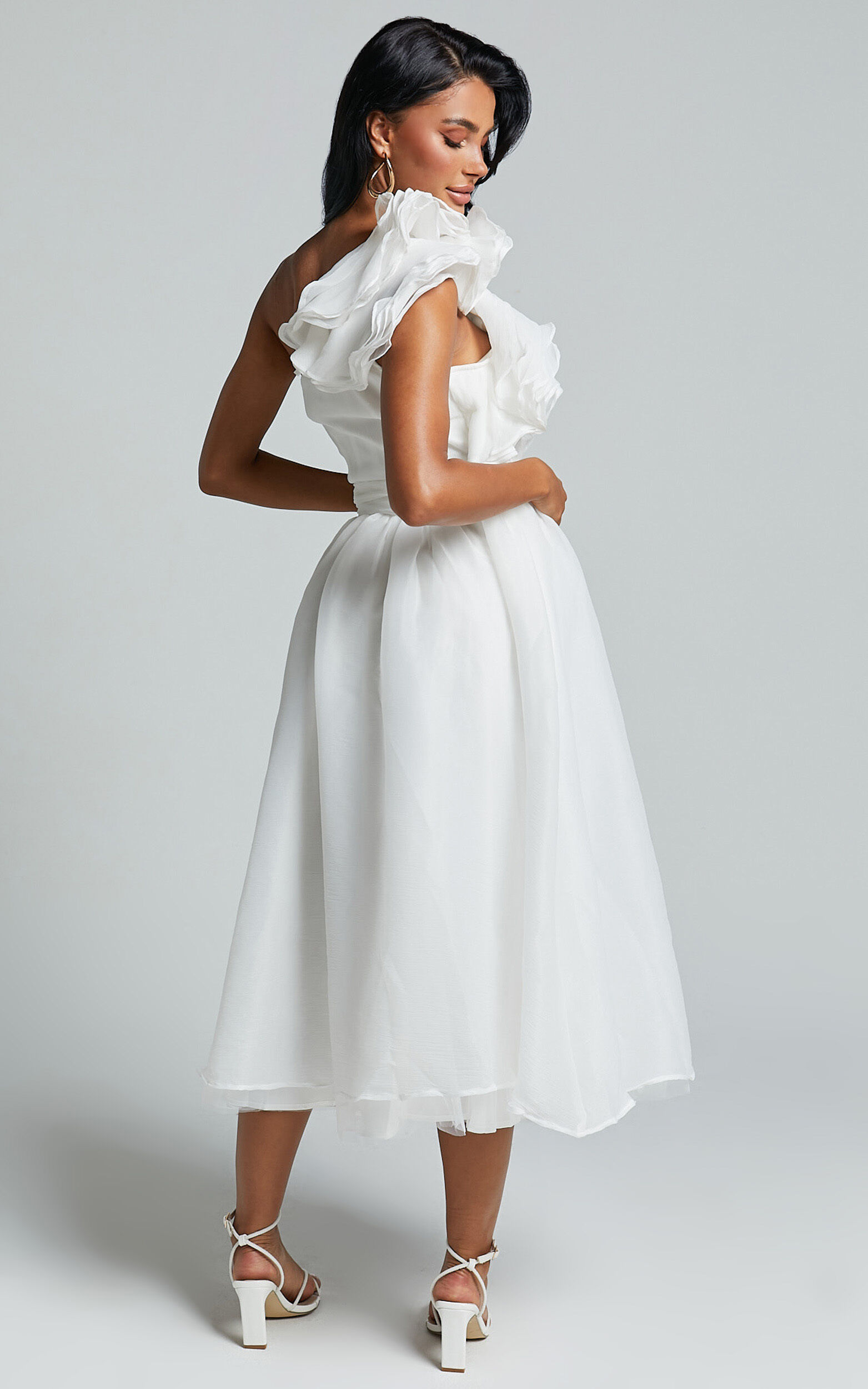 Tia Midi Dress - One Shoulder Frill Detail Fit & Flare Dress in White