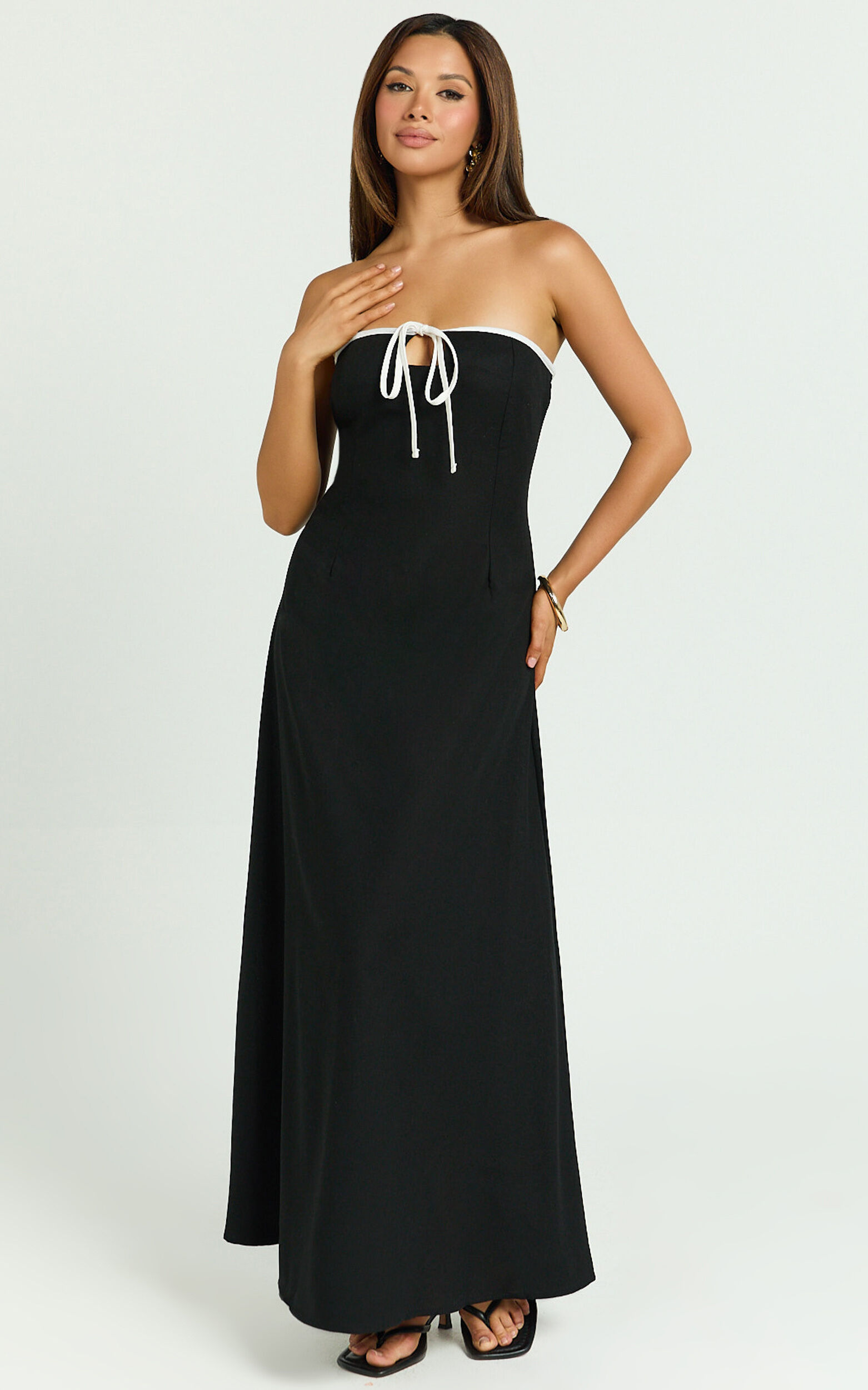 Lashara Maxi Linen Dress - Strapless Contrast Dress in Black