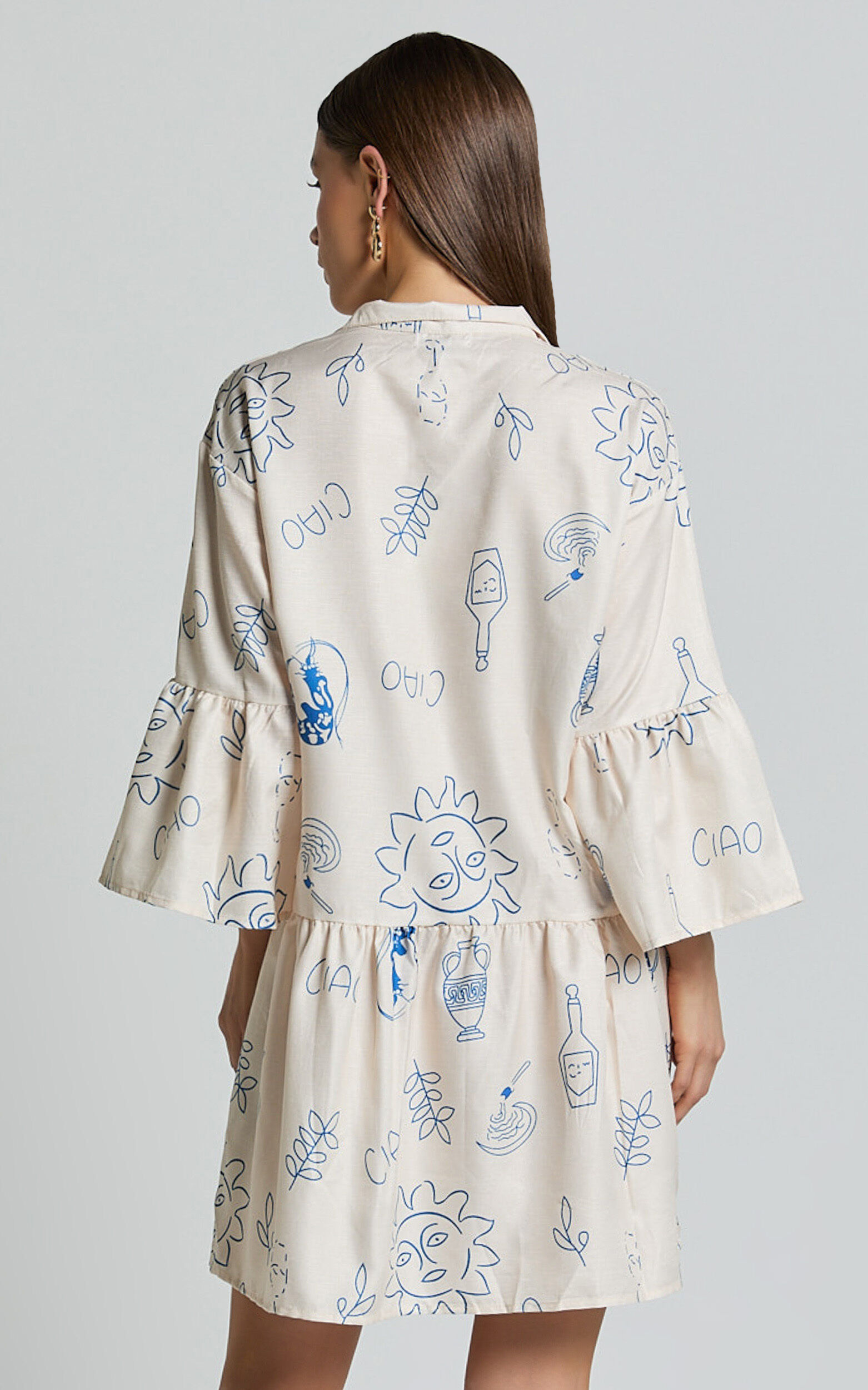 Charlene Mini Linen Dress - V Neck 3/4 Sleeve Shift Mini Dress in Blue Print