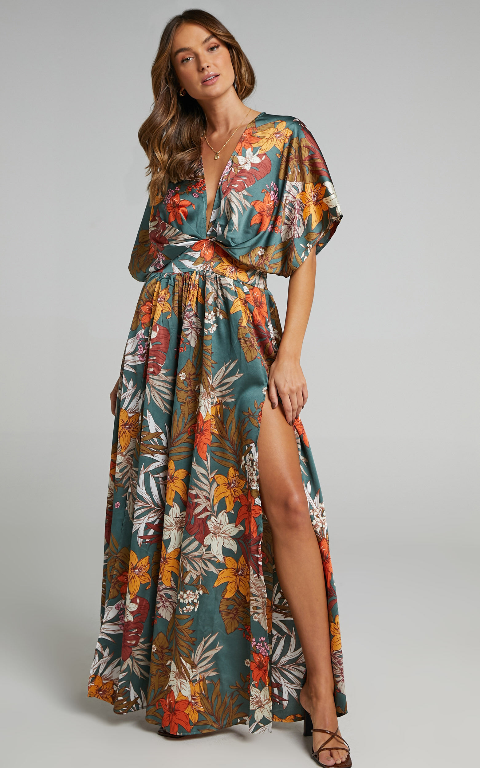 Vacay Ready Maxi Dress - Plunge Thigh Split Dress in Teal Floral Satin