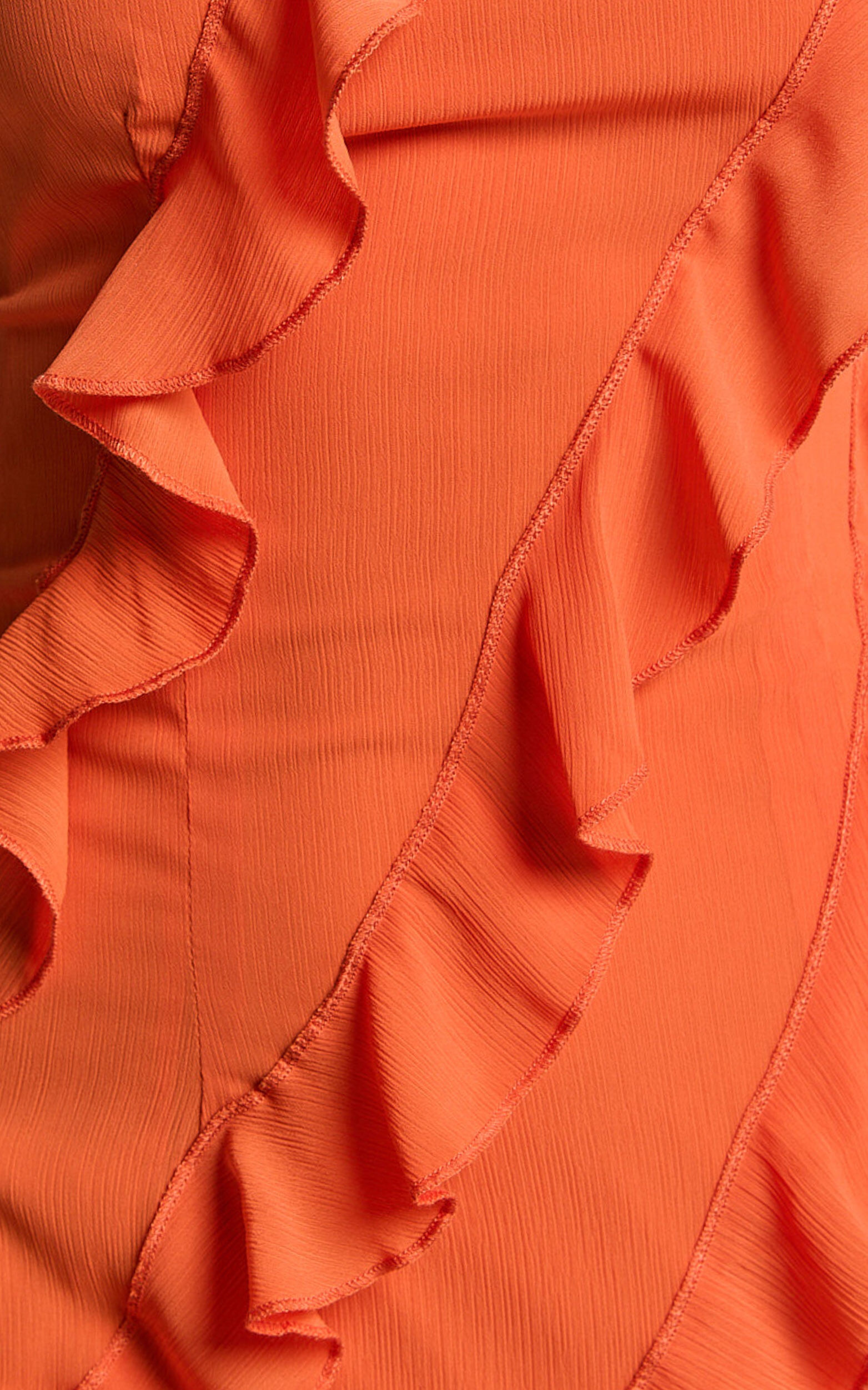 Arnie Midi Dress - Strapless Ruffle Detail Slip Dress in Orange