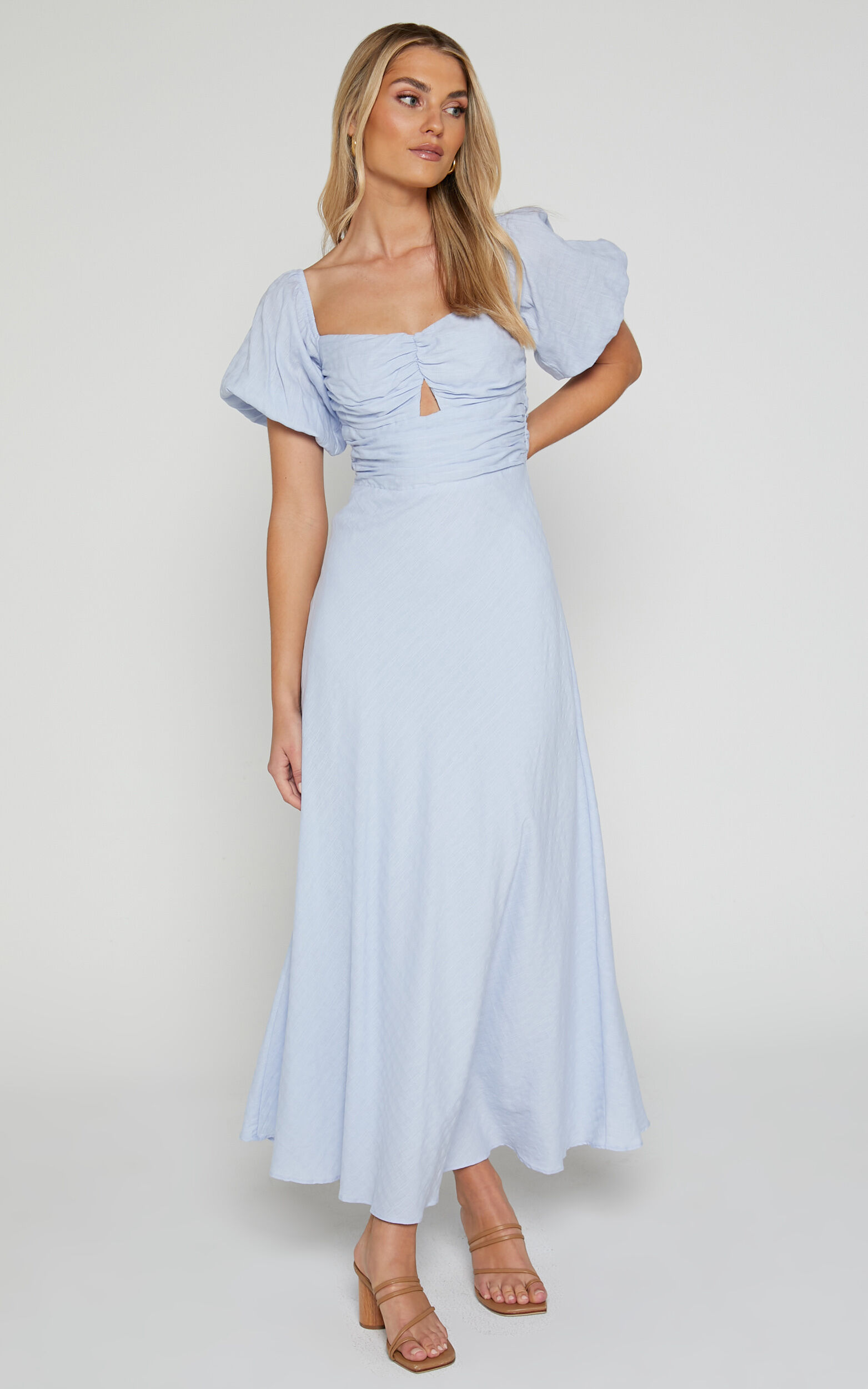 Vynna Midi Dress - Scoop Neck Puff Sleeve Ruched Bust A Line Dress in Blue