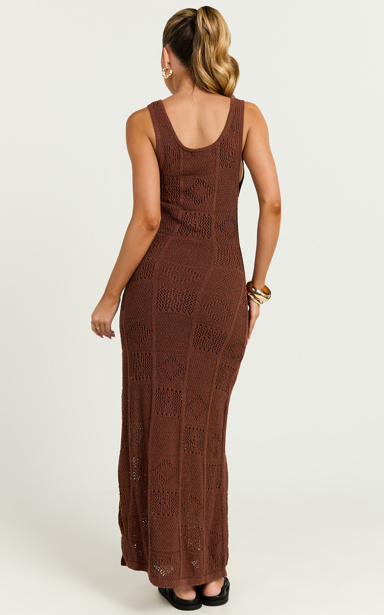 Taylor Midi Dress - Crochet Knit Scoop Neck Dress in Chocolate