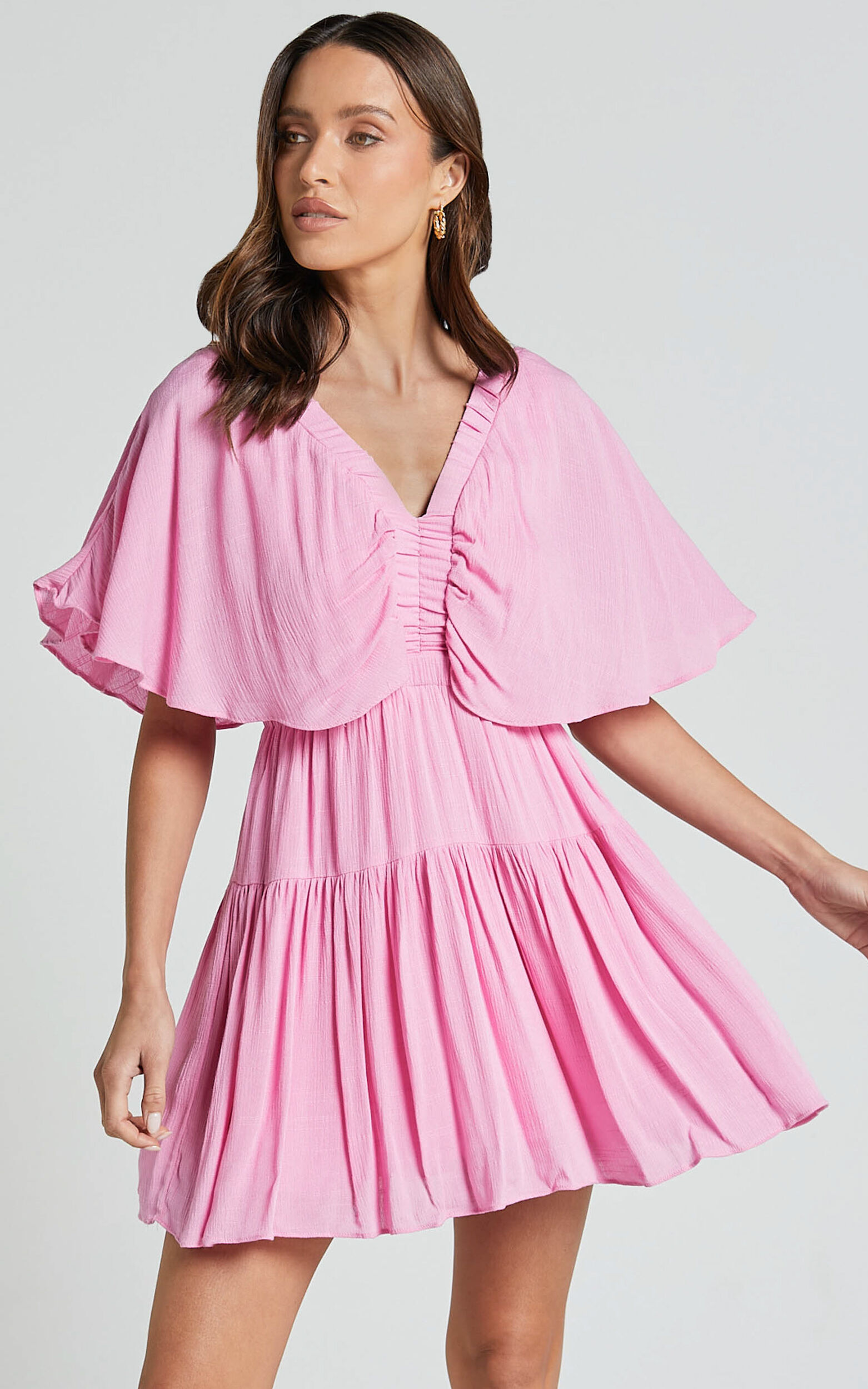 Heidi Mini Dress - Ruffle sleeve Tiered Dress in Pink