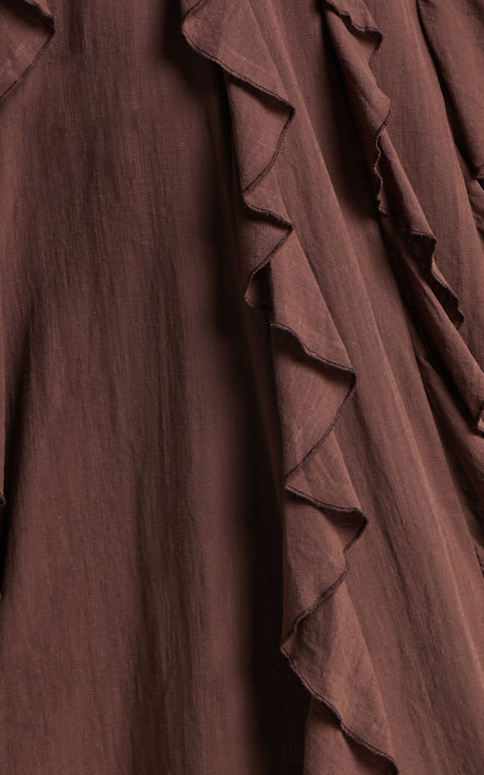 Britney Maxi Linen Dress - One Shoulder Ruffle Detail Dress in Chocolate