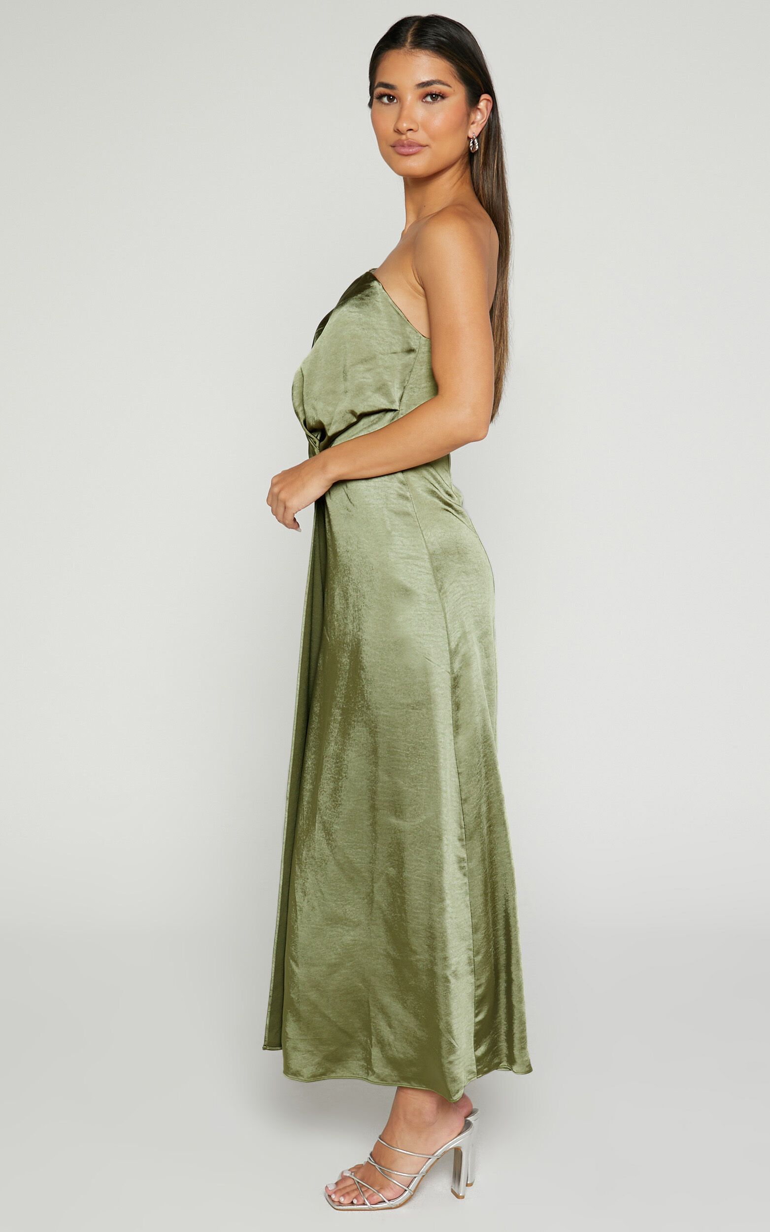 Estelle Midi Dress - One Shoulder Thigh Split Dress in Olive