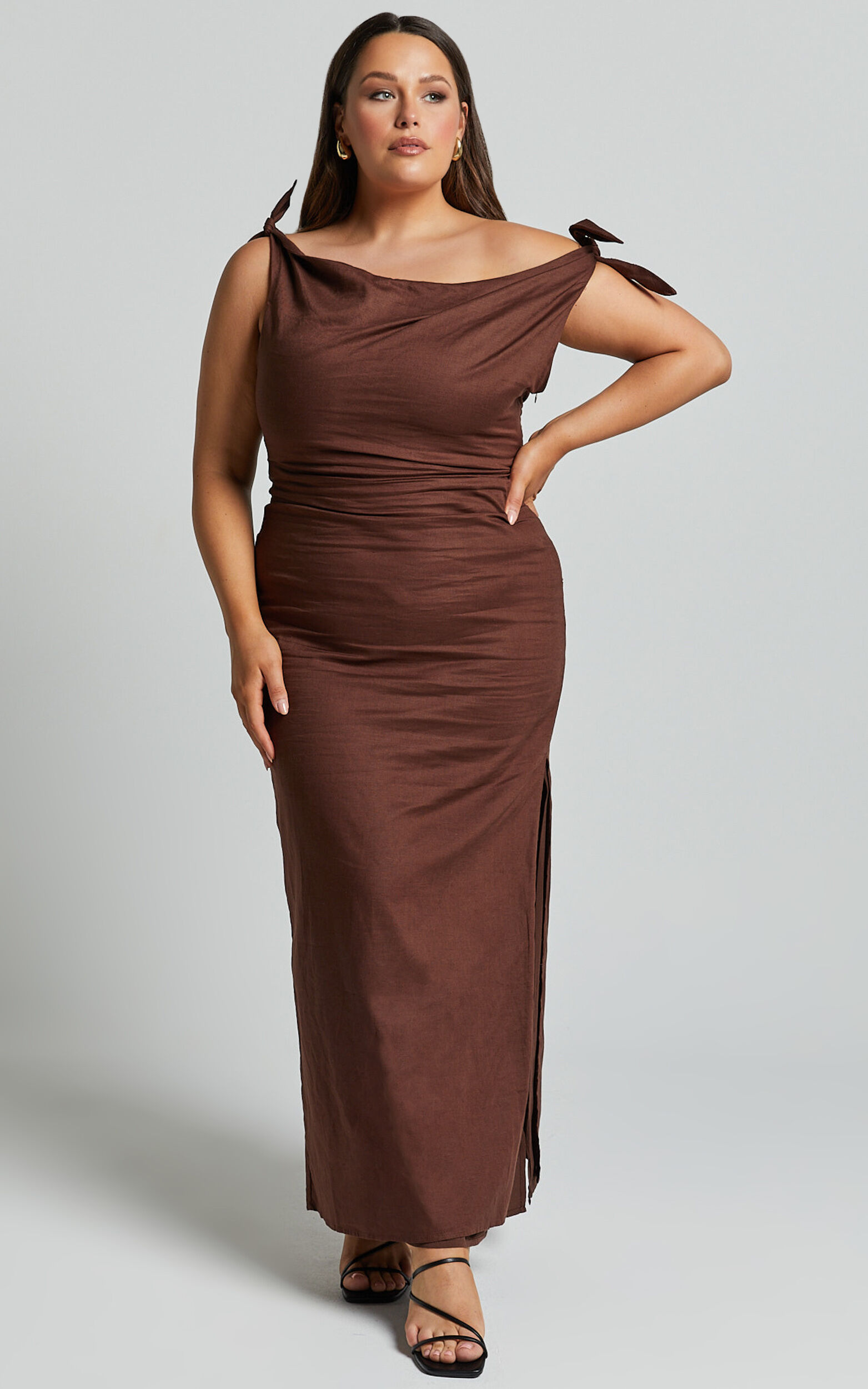 Cincinnati Midi Dress - Off The Shoulder Side Split Column Linen Dress in Chocolate