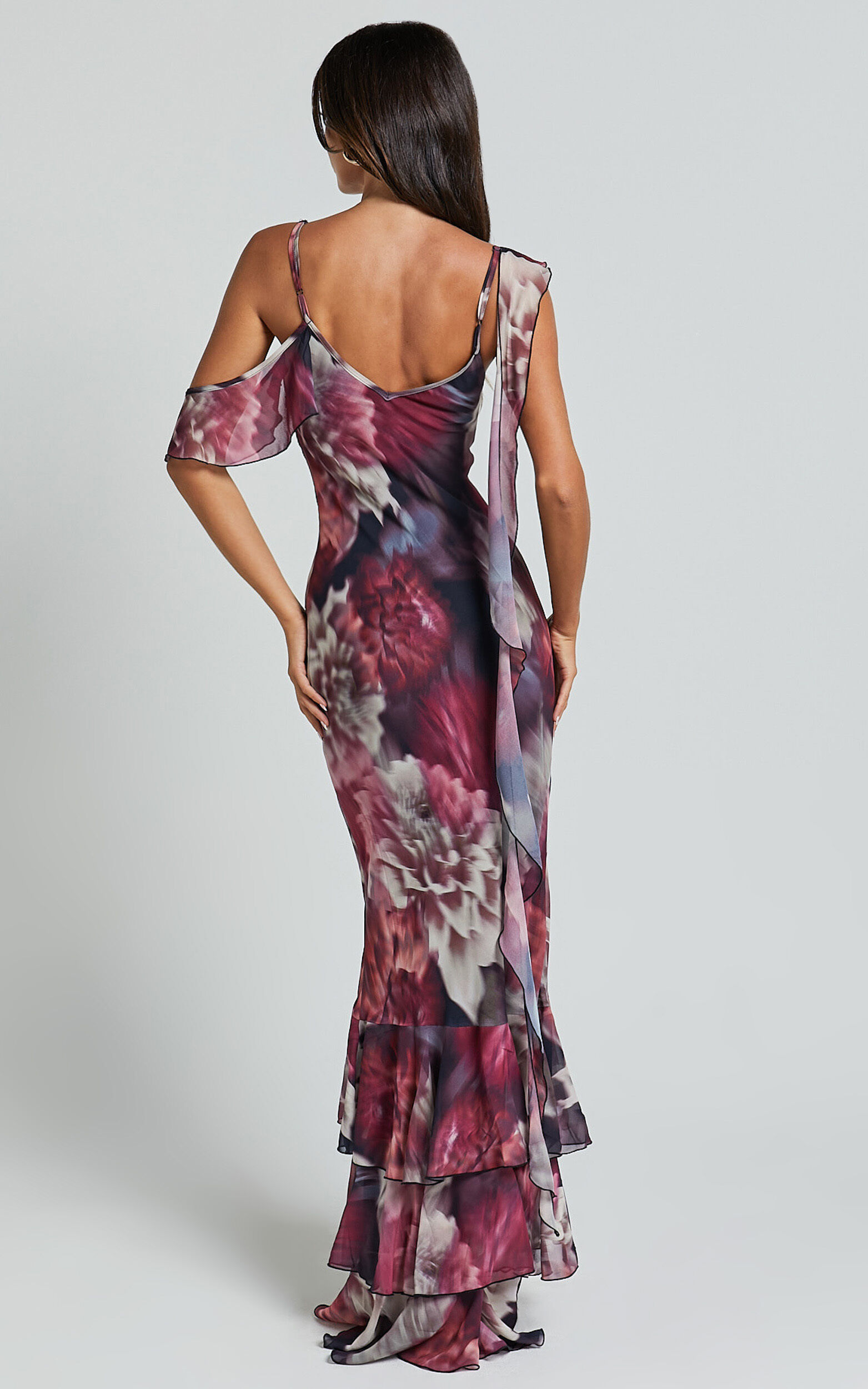 Riley Maxi Dress - Asymmetric Ruffle Detail Maxi Dress in Mariache Rose