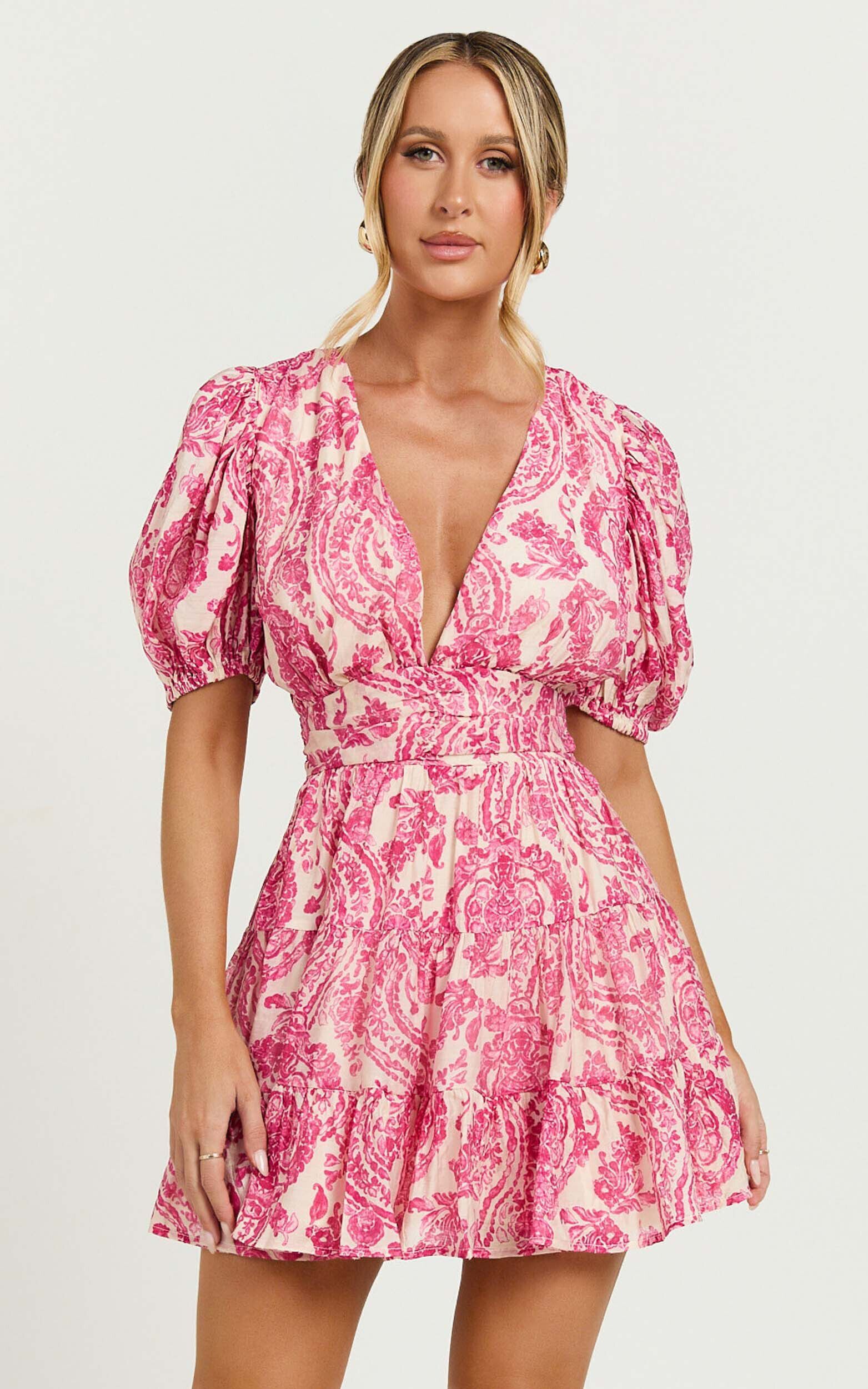 Adea Mini Dress - Plunge Puff Sleeve Tiered Dress in Pink Floral