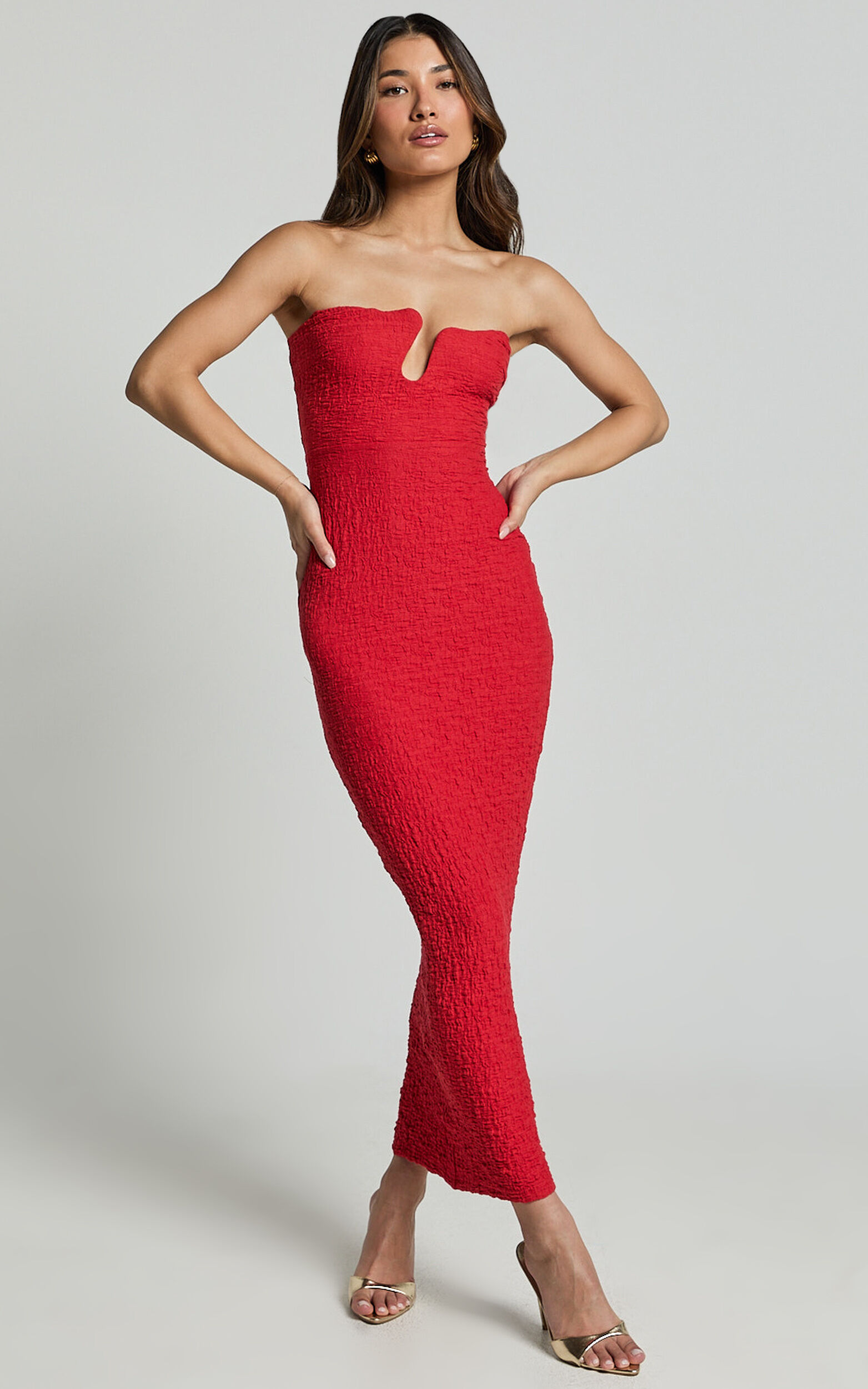 Alberta Maxi Dress- Strapless bust detail textured dress in Red