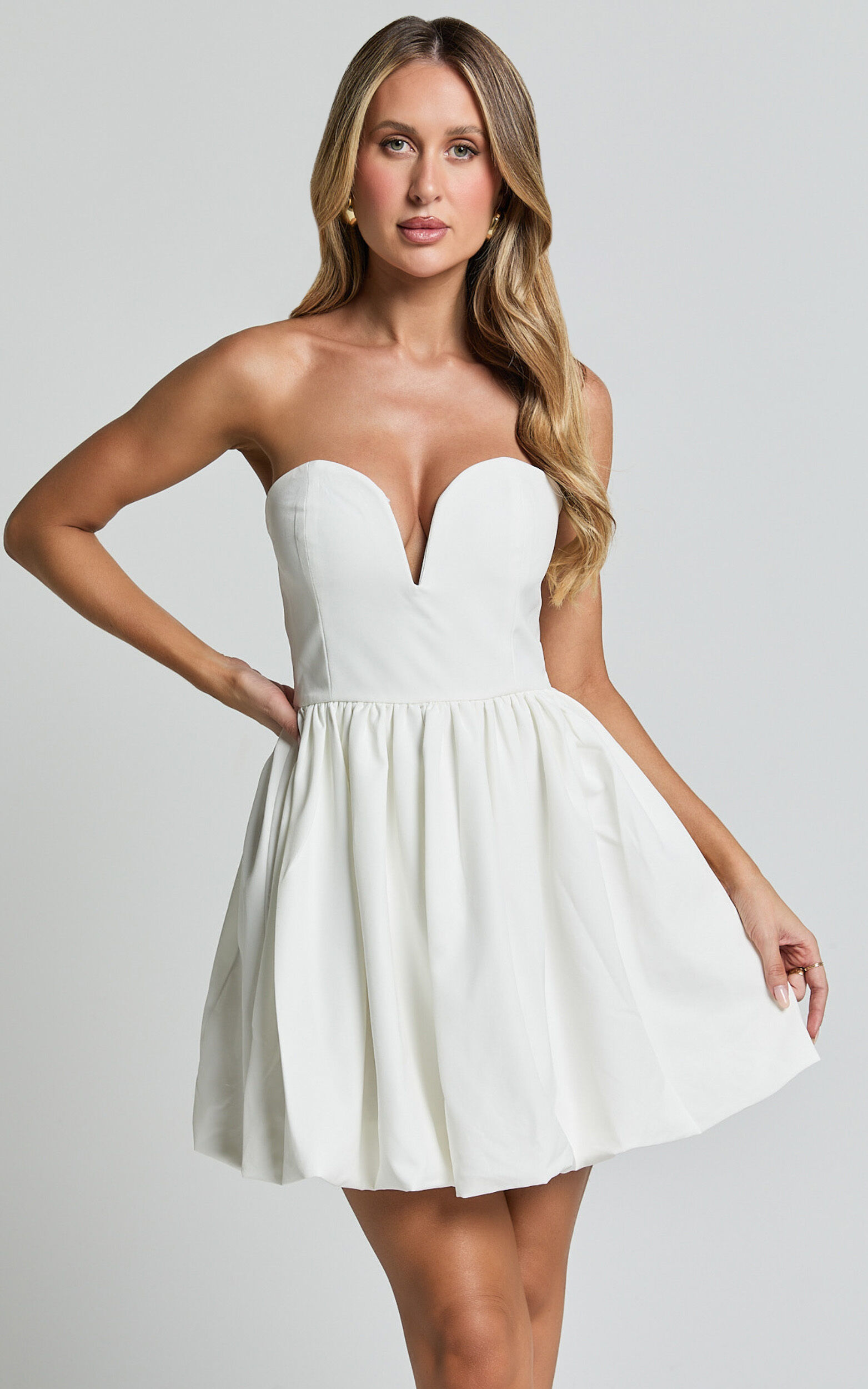 Alesia Mini Dress - Strapless Bubble Hem Dress in White