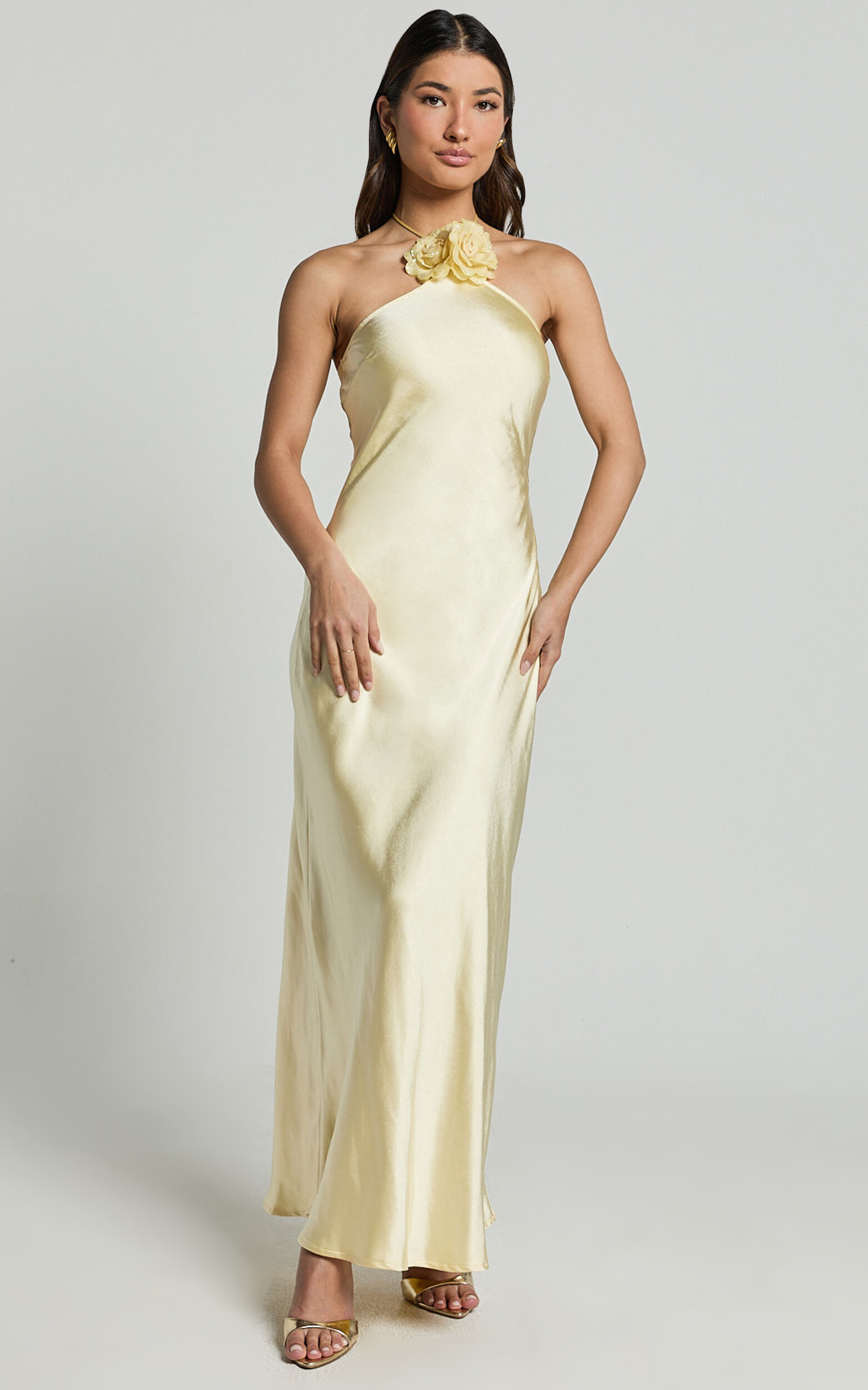 Keithy Midi Dress - Rosette Halter Neck Slip Dress in Lemon