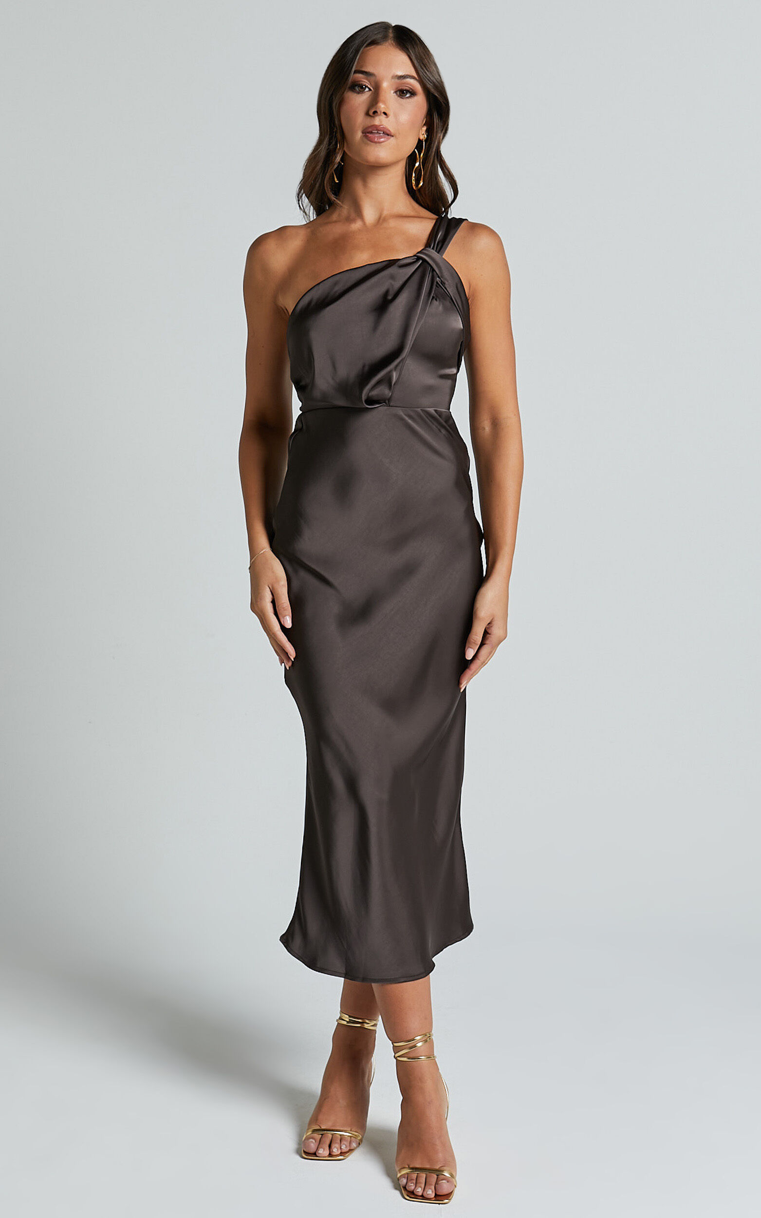 Aria Midi Dress - One Shoulder Twist Detail Satin Bias Cut Dress in Espresso