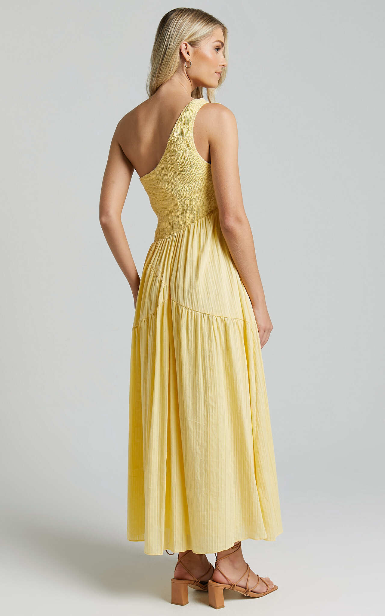 Zhibet Midi Dress - One Shoulder Tie Fit and Flare Dress in Yellow