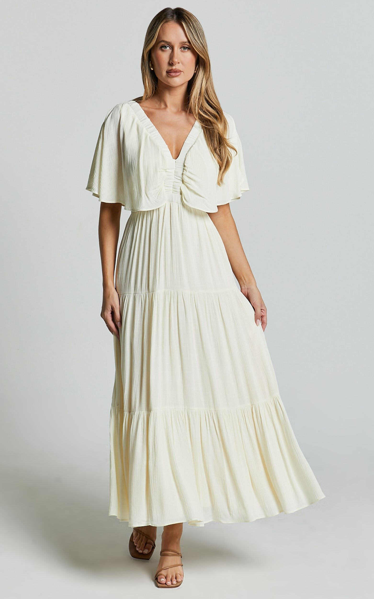 Danny Midi Dress - Ruffle Sleeve Tiered Dress in Natural