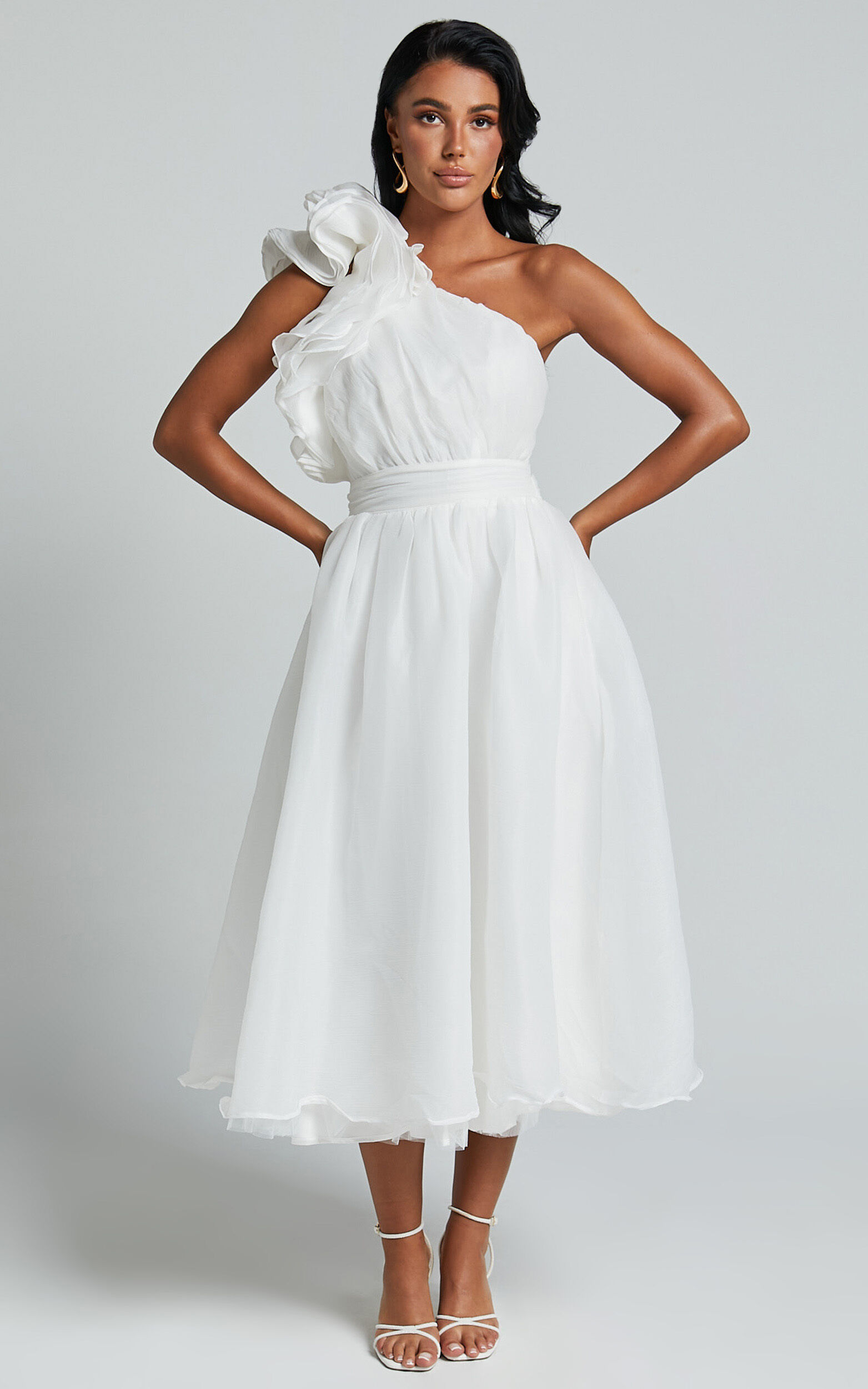 Tia Midi Dress - One Shoulder Frill Detail Fit & Flare Dress in White