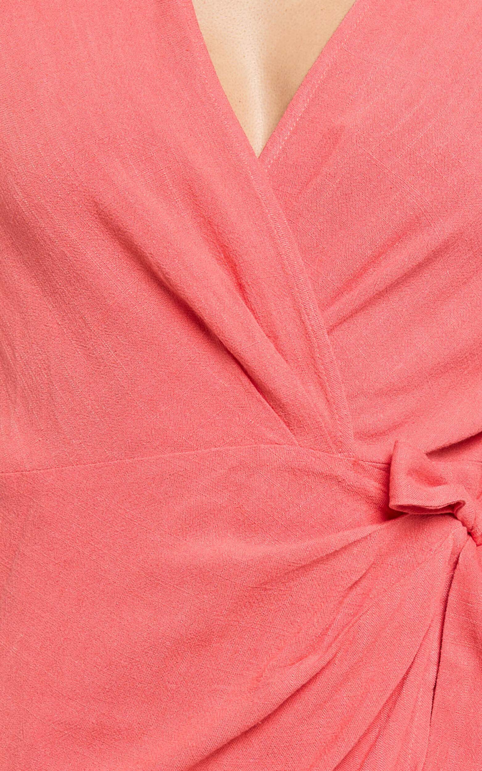 Carina Midi Dress - Linen Blend Short Sleeve Collared Wrap Dress in Orange